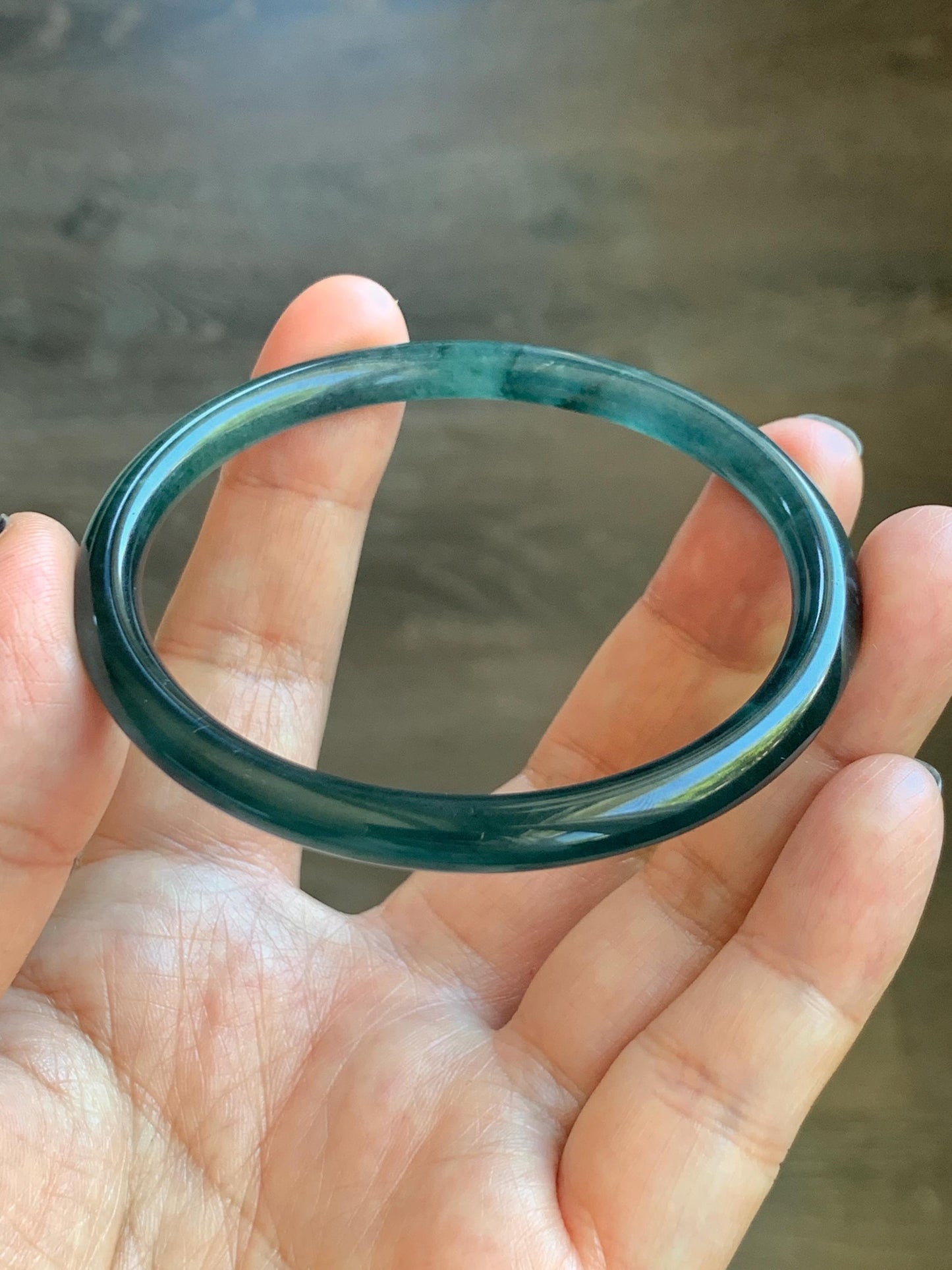 Certified Natural Grade A Guatemalan Icy Translucent Dark Teal Blue Marbled Jade Jadeite Slim Bangle 57.9mm 7.16” 天然冰胶危深蓝飘花翡翠细圆条手镯 516
