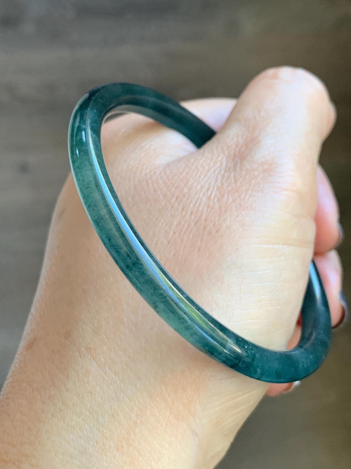 Certified Natural Grade A Guatemalan Icy Translucent Dark Teal Blue Marbled Jade Jadeite Slim Bangle 57.9mm 7.16” 天然冰胶危深蓝飘花翡翠细圆条手镯 516