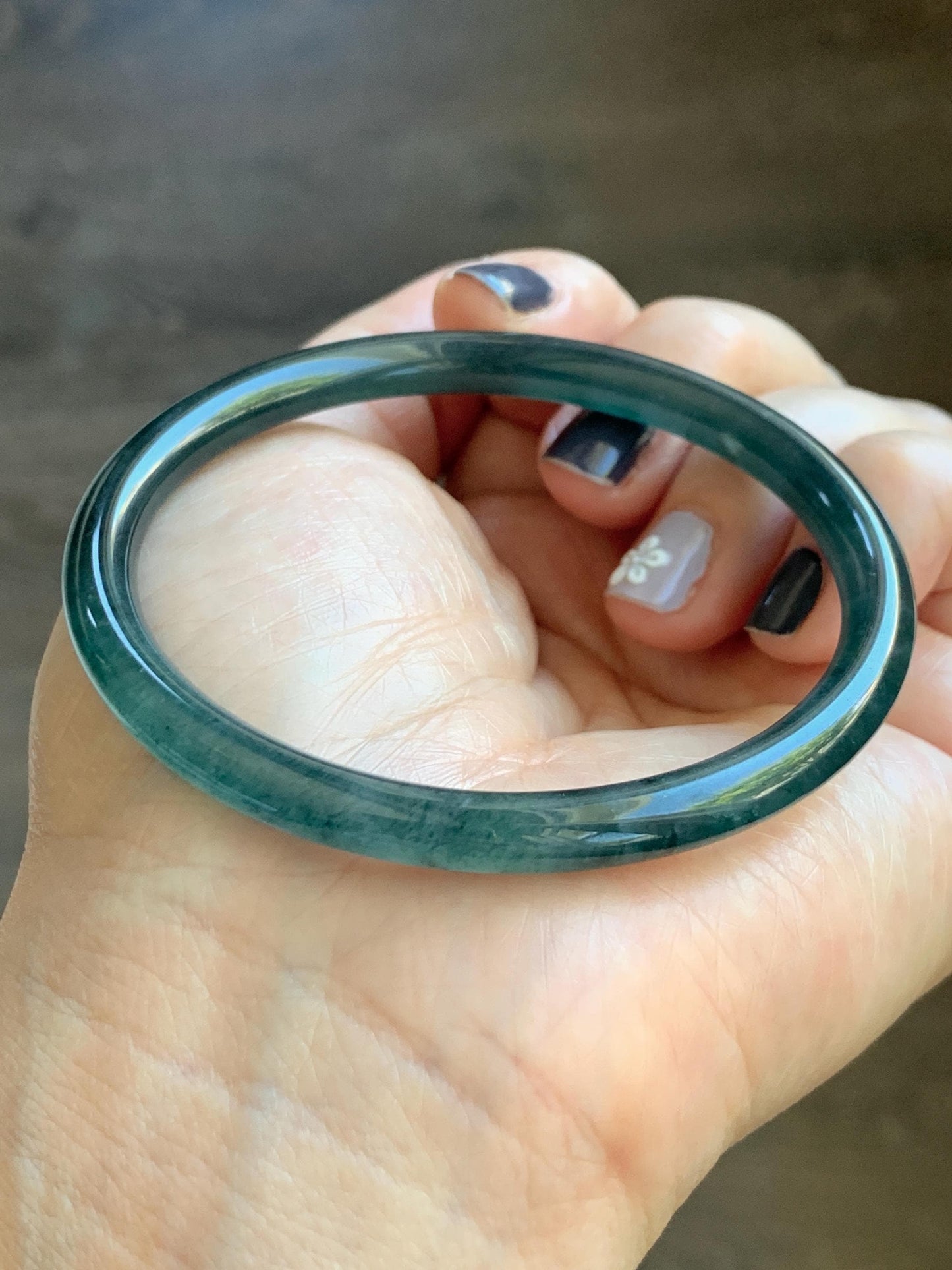 Certified Natural Grade A Guatemalan Icy Translucent Dark Teal Blue Marbled Jade Jadeite Slim Bangle 57.9mm 7.16” 天然冰胶危深蓝飘花翡翠细圆条手镯 516