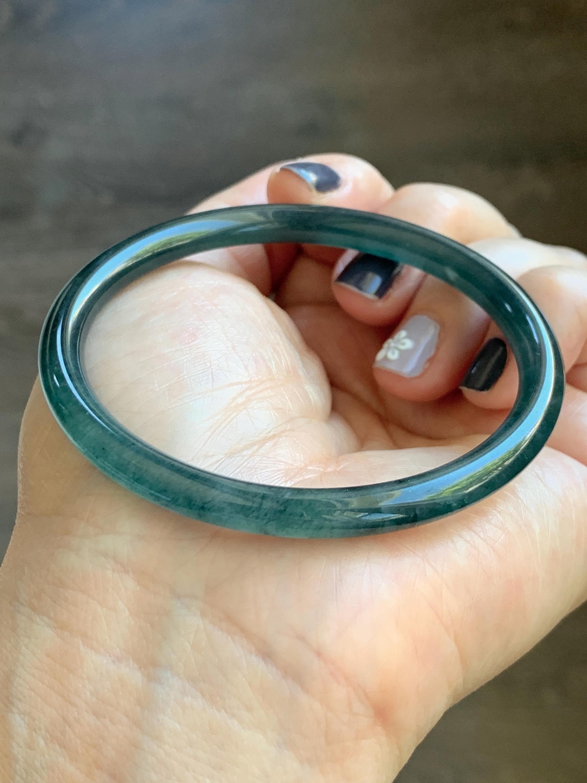 Certified Natural Grade A Guatemalan Icy Translucent Dark Teal Blue Marbled Jade Jadeite Slim Bangle 57.9mm 7.16” 天然冰胶危深蓝飘花翡翠细圆条手镯 516