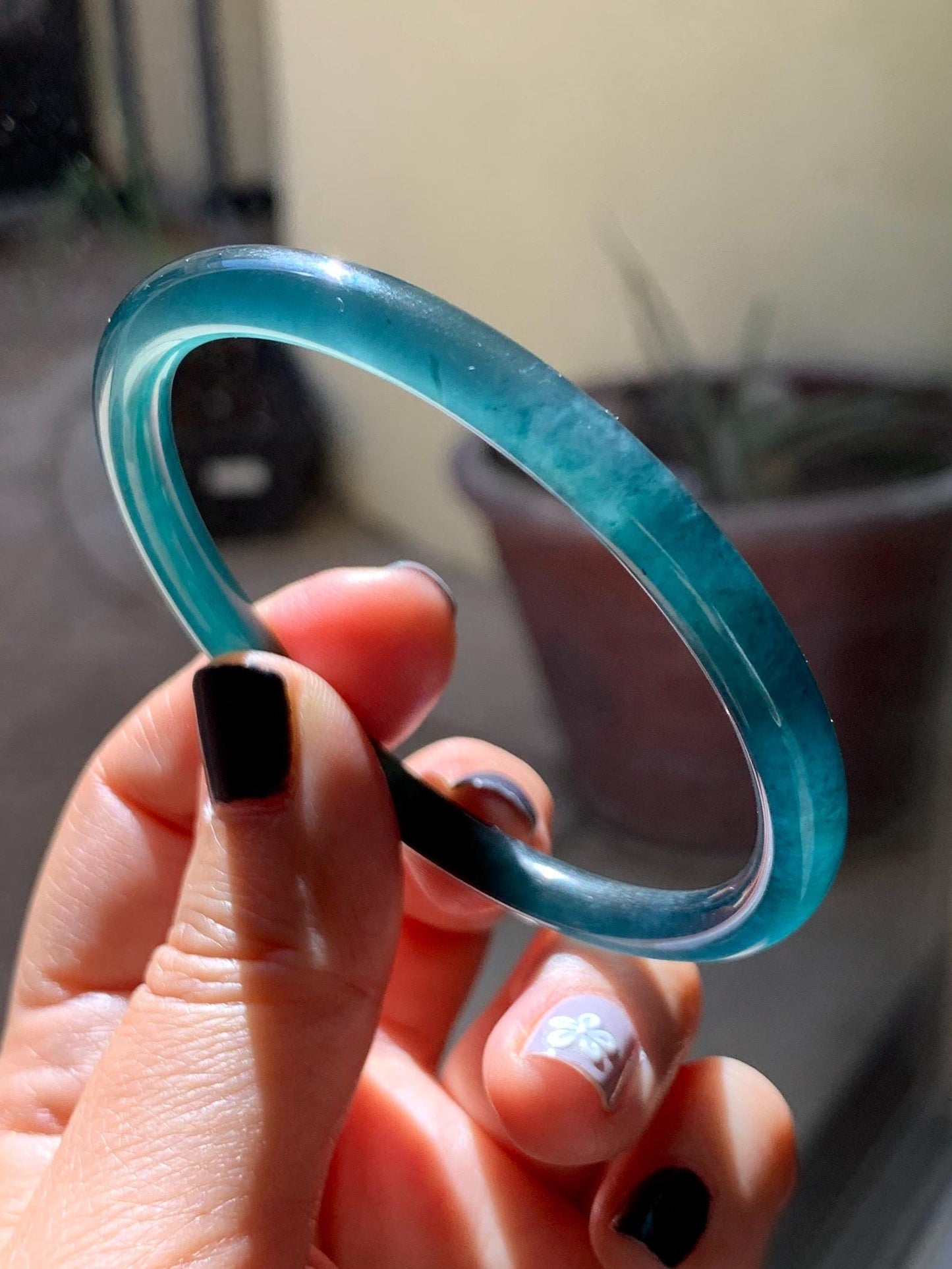 Certified Natural Grade A Guatemalan Icy Translucent Dark Teal Blue Marbled Jade Jadeite Slim Bangle 56.36mm 6.96” 天然冰胶危深蓝飘花翡翠细圆条手镯 520