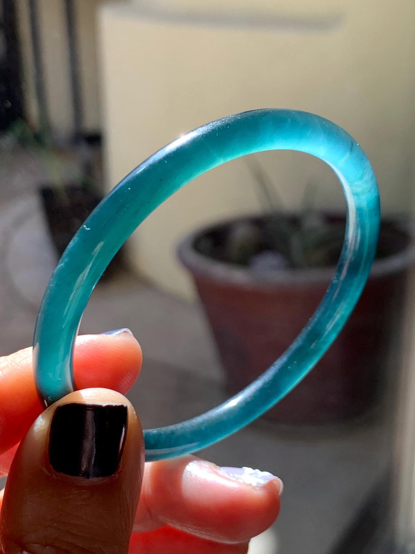 Certified Natural Grade A Guatemalan Icy Translucent Dark Teal Blue Marbled Jade Jadeite Slim Bangle 56.36mm 6.96” 天然冰胶危深蓝飘花翡翠细圆条手镯 520