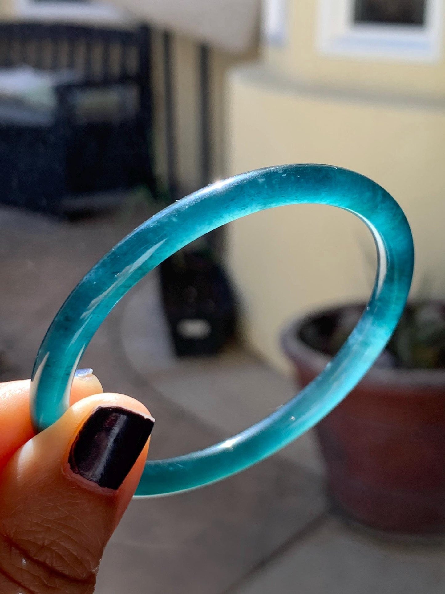 Certified Natural Grade A Guatemalan Icy Translucent Dark Teal Blue Marbled Jade Jadeite Slim Bangle 56.36mm 6.96” 天然冰胶危深蓝飘花翡翠细圆条手镯 520