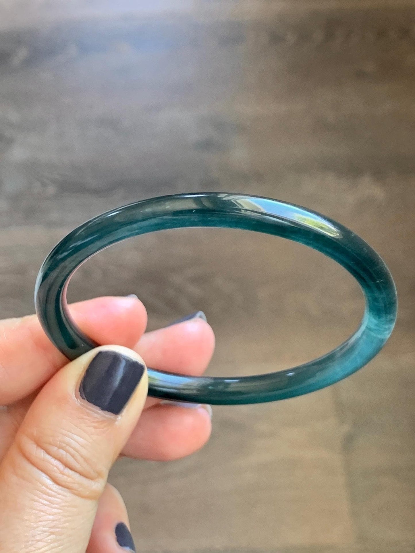 Certified Natural Grade A Guatemalan Icy Translucent Dark Teal Blue Marbled Jade Jadeite Slim Bangle 56.36mm 6.96” 天然冰胶危深蓝飘花翡翠细圆条手镯 520