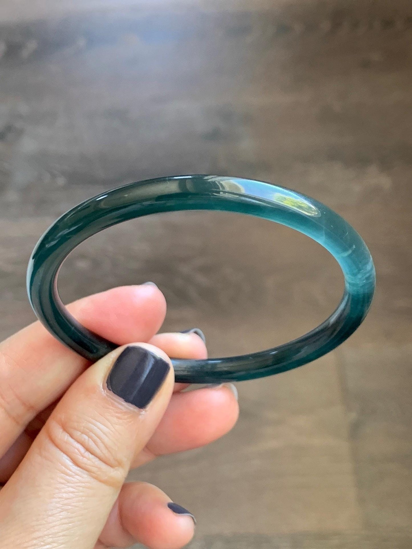 Certified Natural Grade A Guatemalan Icy Translucent Dark Teal Blue Marbled Jade Jadeite Slim Bangle 56.36mm 6.96” 天然冰胶危深蓝飘花翡翠细圆条手镯 520