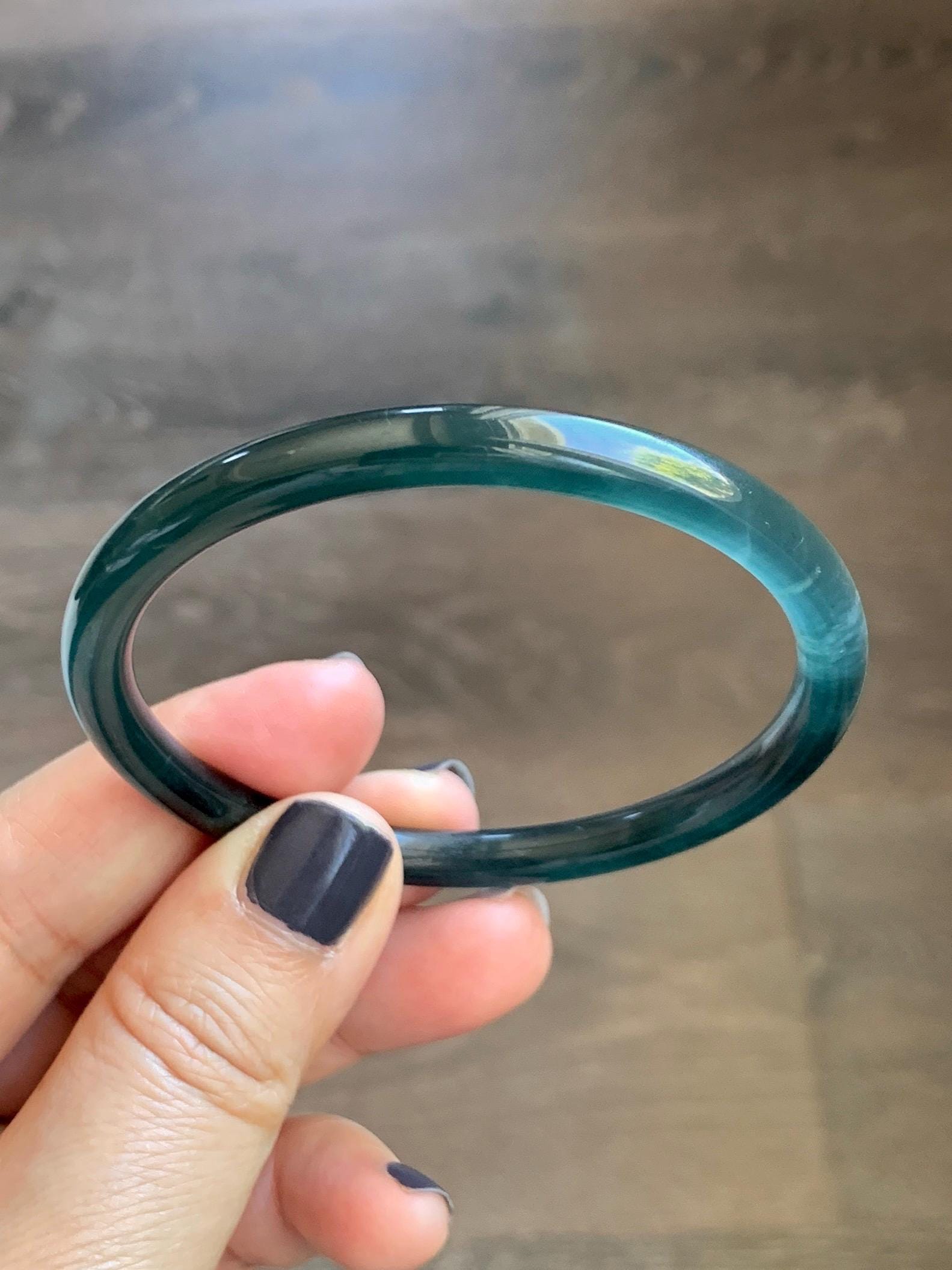 Certified Natural Grade A Guatemalan Icy Translucent Dark Teal Blue Marbled Jade Jadeite Slim Bangle 56.36mm 6.96” 天然冰胶危深蓝飘花翡翠细圆条手镯 520