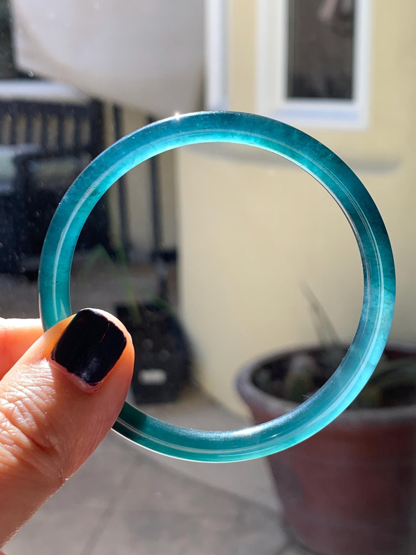 Certified Natural Grade A Guatemalan Icy Translucent Dark Teal Blue Marbled Jade Jadeite Slim Bangle 56.36mm 6.96” 天然冰胶危深蓝飘花翡翠细圆条手镯 520