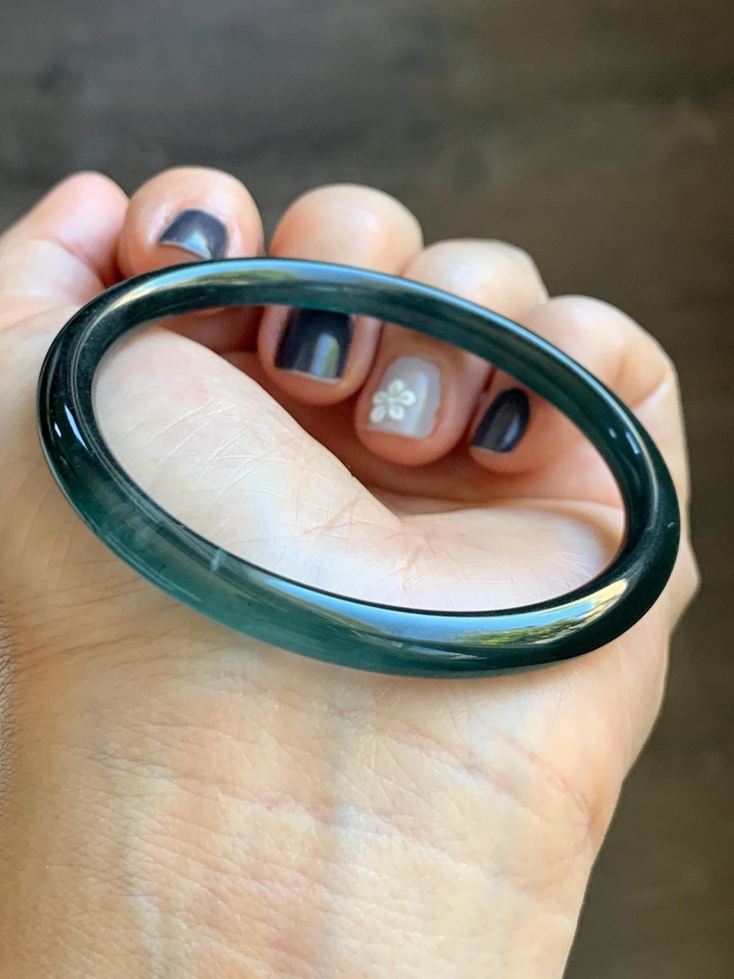 Certified Natural Grade A Guatemalan Icy Translucent Dark Teal Blue Marbled Jade Jadeite Slim Bangle 56.36mm 6.96” 天然冰胶危深蓝飘花翡翠细圆条手镯 520