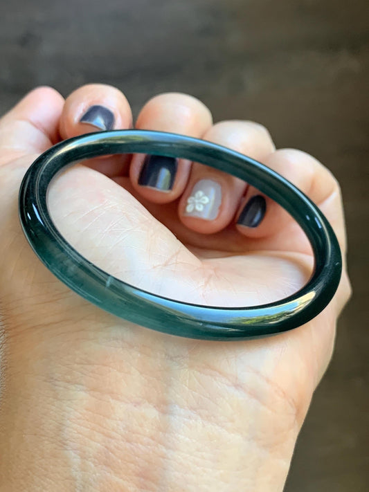 Certified Natural Grade A Guatemalan Icy Translucent Dark Teal Blue Marbled Jade Jadeite Slim Bangle 56.36mm 6.96” 天然冰胶危深蓝飘花翡翠细圆条手镯 520