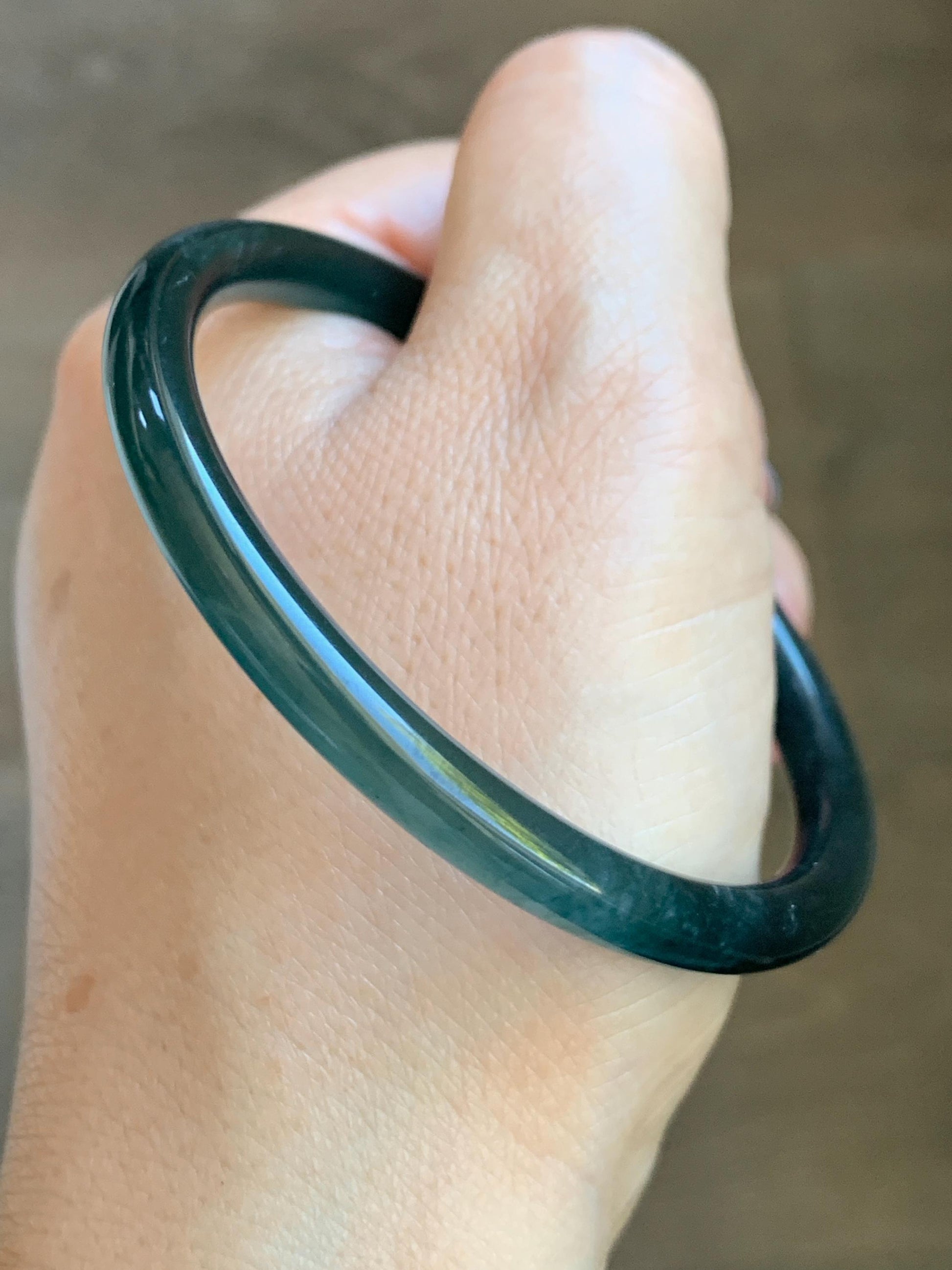 Certified Natural Grade A Guatemalan Icy Translucent Dark Teal Blue Marbled Jade Jadeite Slim Bangle 56.36mm 6.96” 天然冰胶危深蓝飘花翡翠细圆条手镯 520