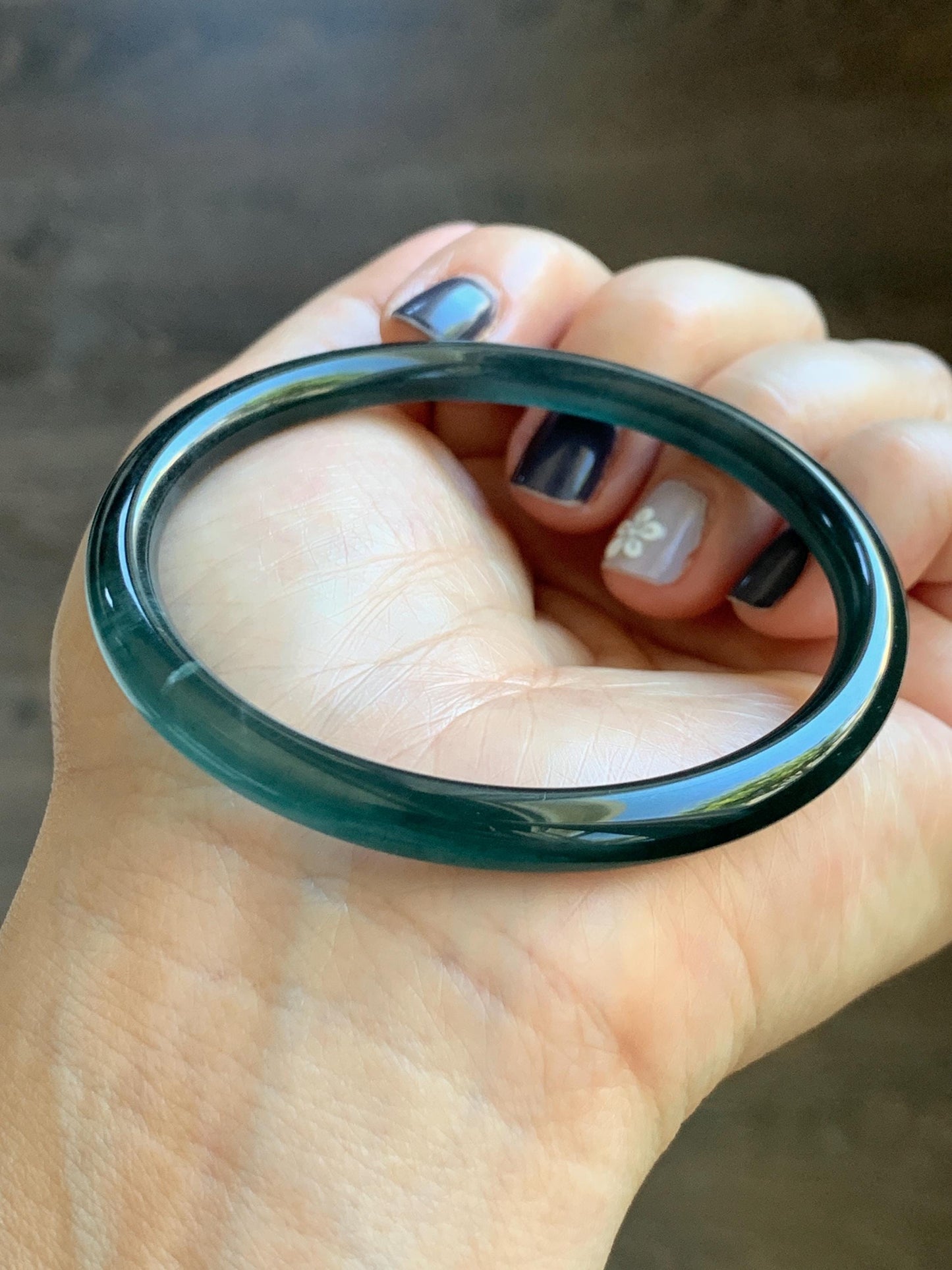 Certified Natural Grade A Guatemalan Icy Translucent Dark Teal Blue Marbled Jade Jadeite Slim Bangle 56.36mm 6.96” 天然冰胶危深蓝飘花翡翠细圆条手镯 520