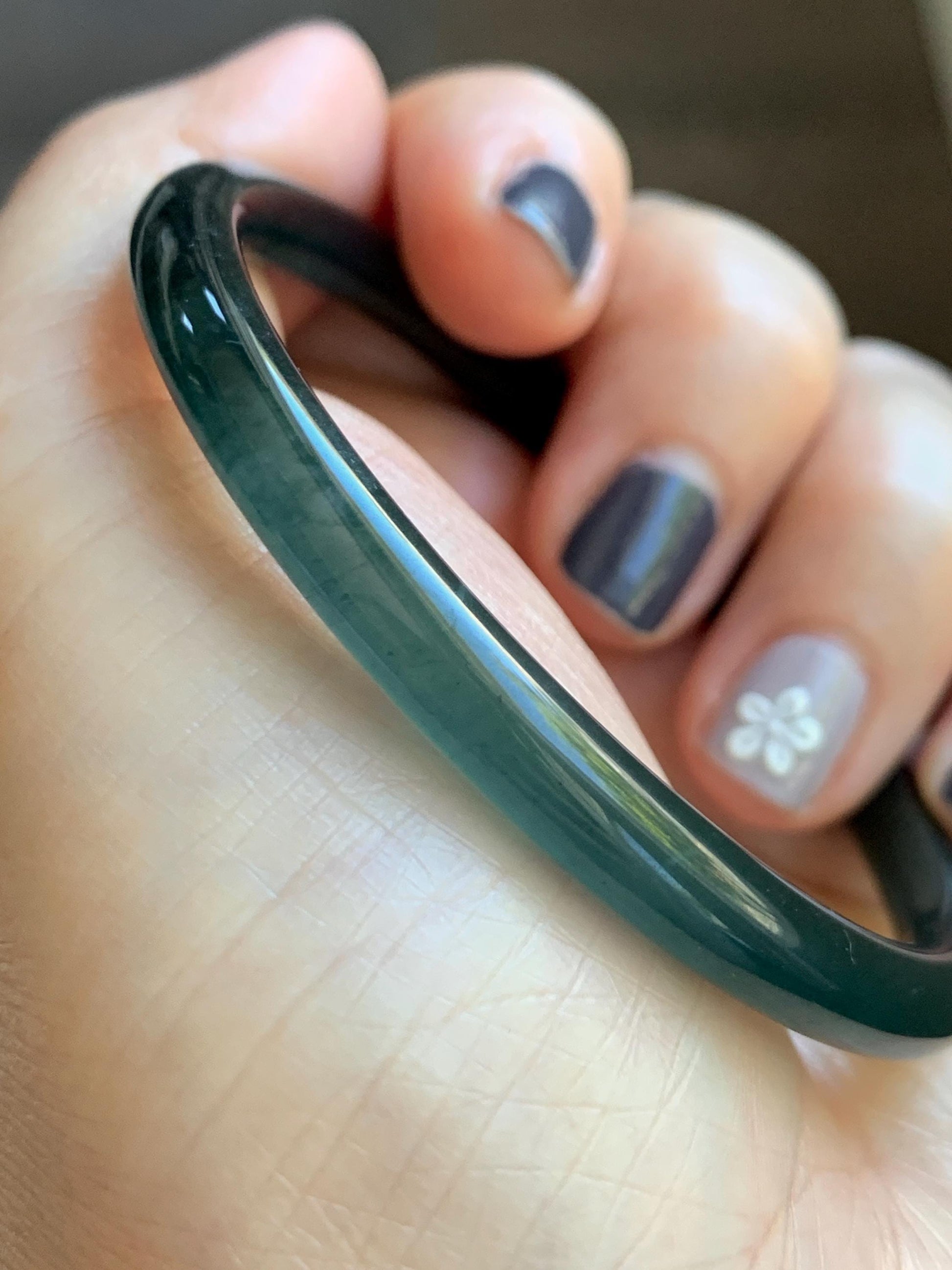Certified Natural Grade A Guatemalan Icy Translucent Dark Teal Blue Marbled Jade Jadeite Slim Bangle 56.36mm 6.96” 天然冰胶危深蓝飘花翡翠细圆条手镯 520
