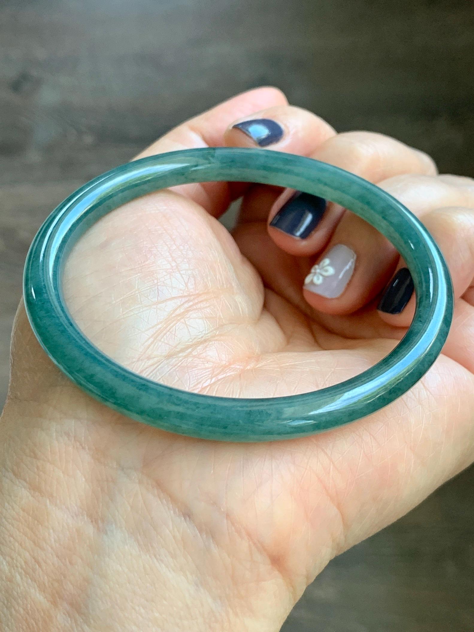 Certified Natural Grade A Guatemalan Icy Translucent Dark Teal Green Jade Jadeite Slim Bangle 58.9mm 7.28” 天然冰胶危深蓝绿翡翠细圆条手镯 492