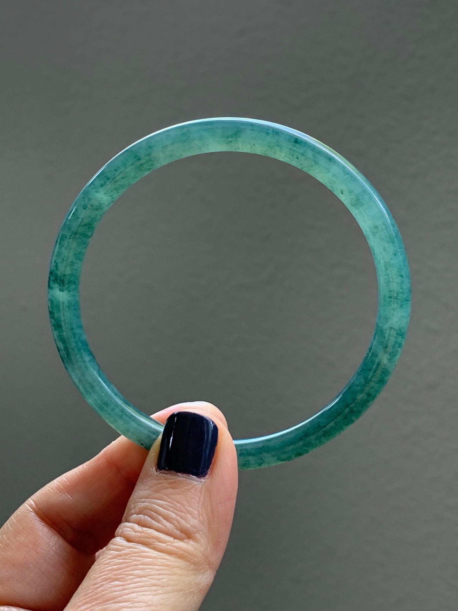 Certified Natural Grade A Guatemalan Icy Translucent Dark Teal Green Jade Jadeite Slim Bangle 58.9mm 7.28” 天然冰胶危深蓝绿翡翠细圆条手镯 492