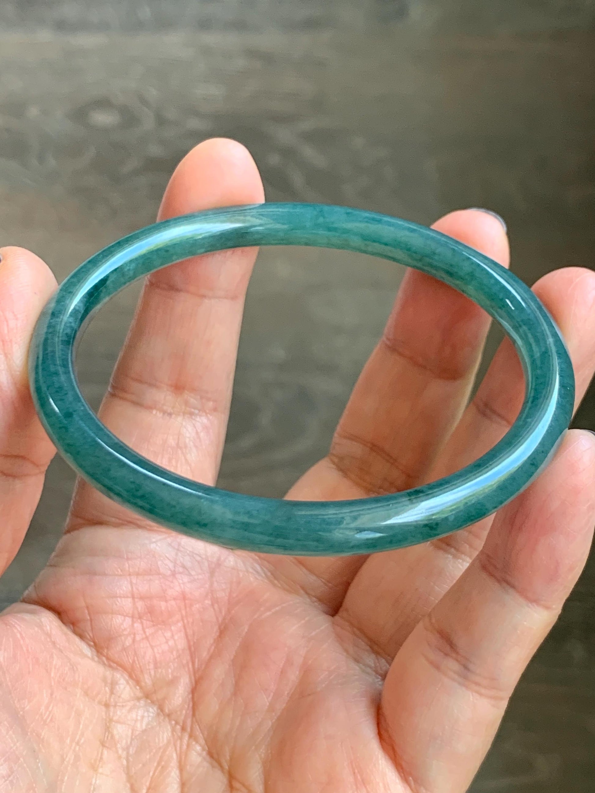 Certified Natural Grade A Guatemalan Icy Translucent Dark Teal Green Jade Jadeite Slim Bangle 58.9mm 7.28” 天然冰胶危深蓝绿翡翠细圆条手镯 492