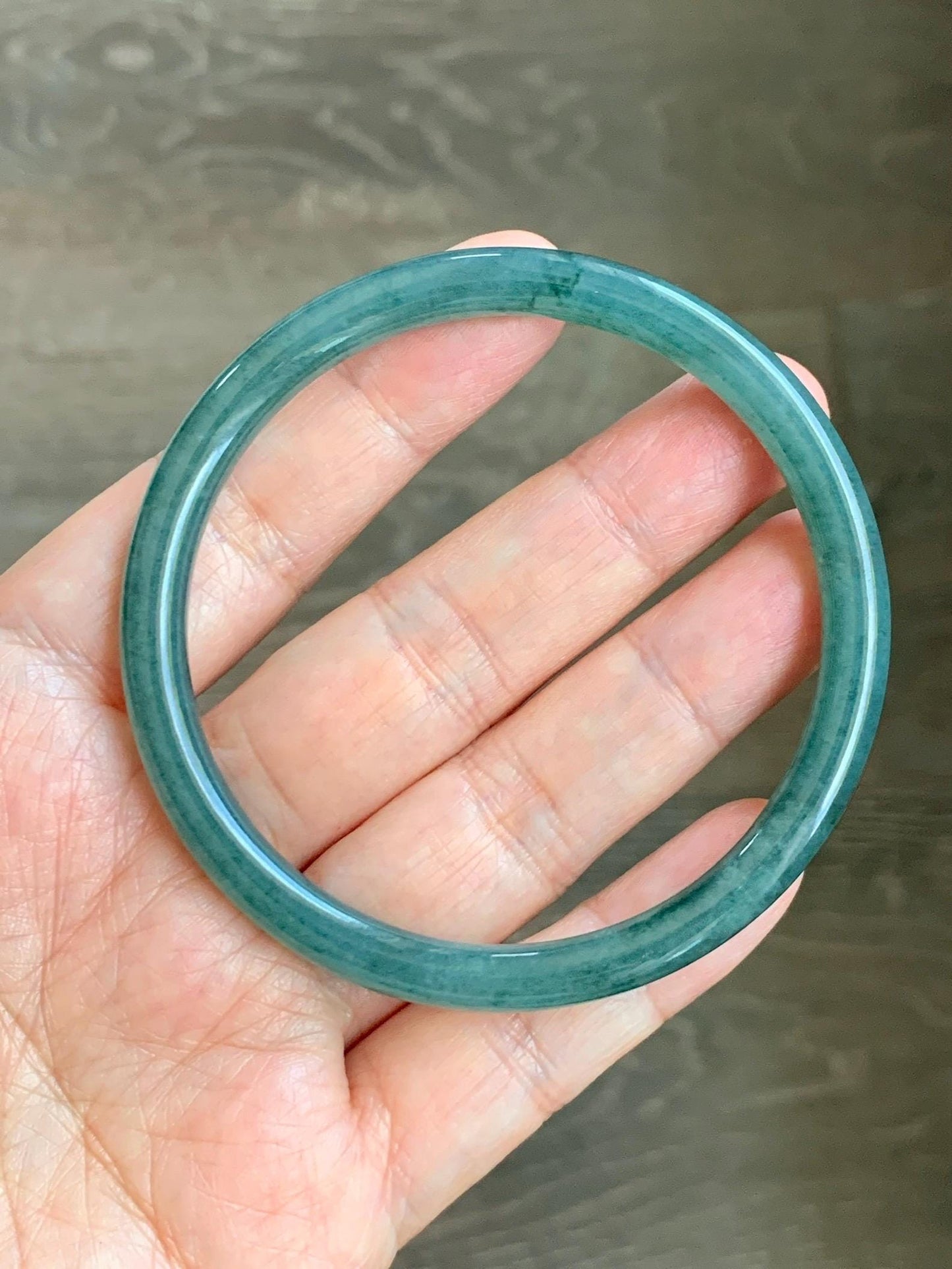 Certified Natural Grade A Guatemalan Icy Translucent Dark Teal Green Jade Jadeite Slim Bangle 58.9mm 7.28” 天然冰胶危深蓝绿翡翠细圆条手镯 492