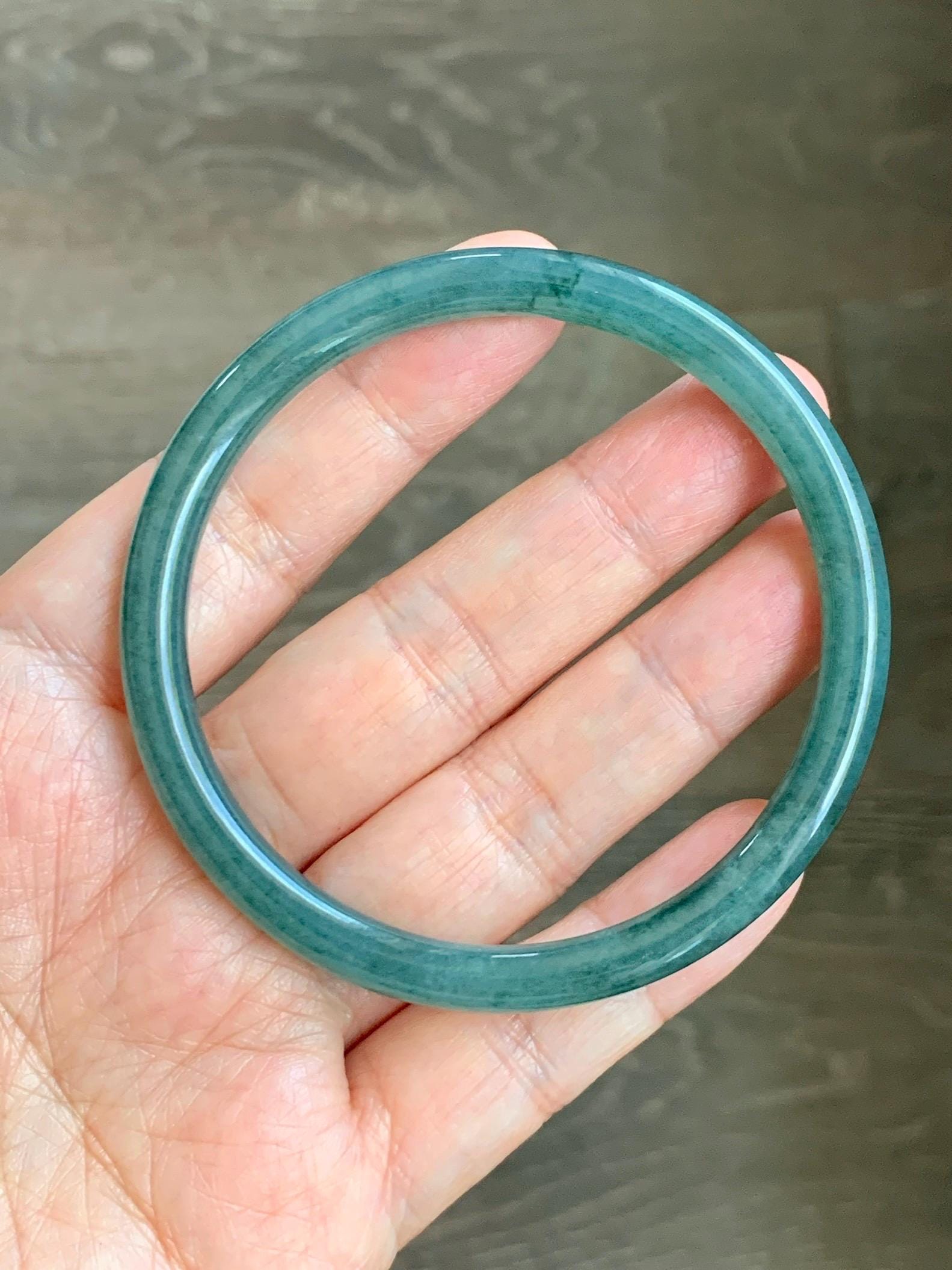 Certified Natural Grade A Guatemalan Icy Translucent Dark Teal Green Jade Jadeite Slim Bangle 58.9mm 7.28” 天然冰胶危深蓝绿翡翠细圆条手镯 492