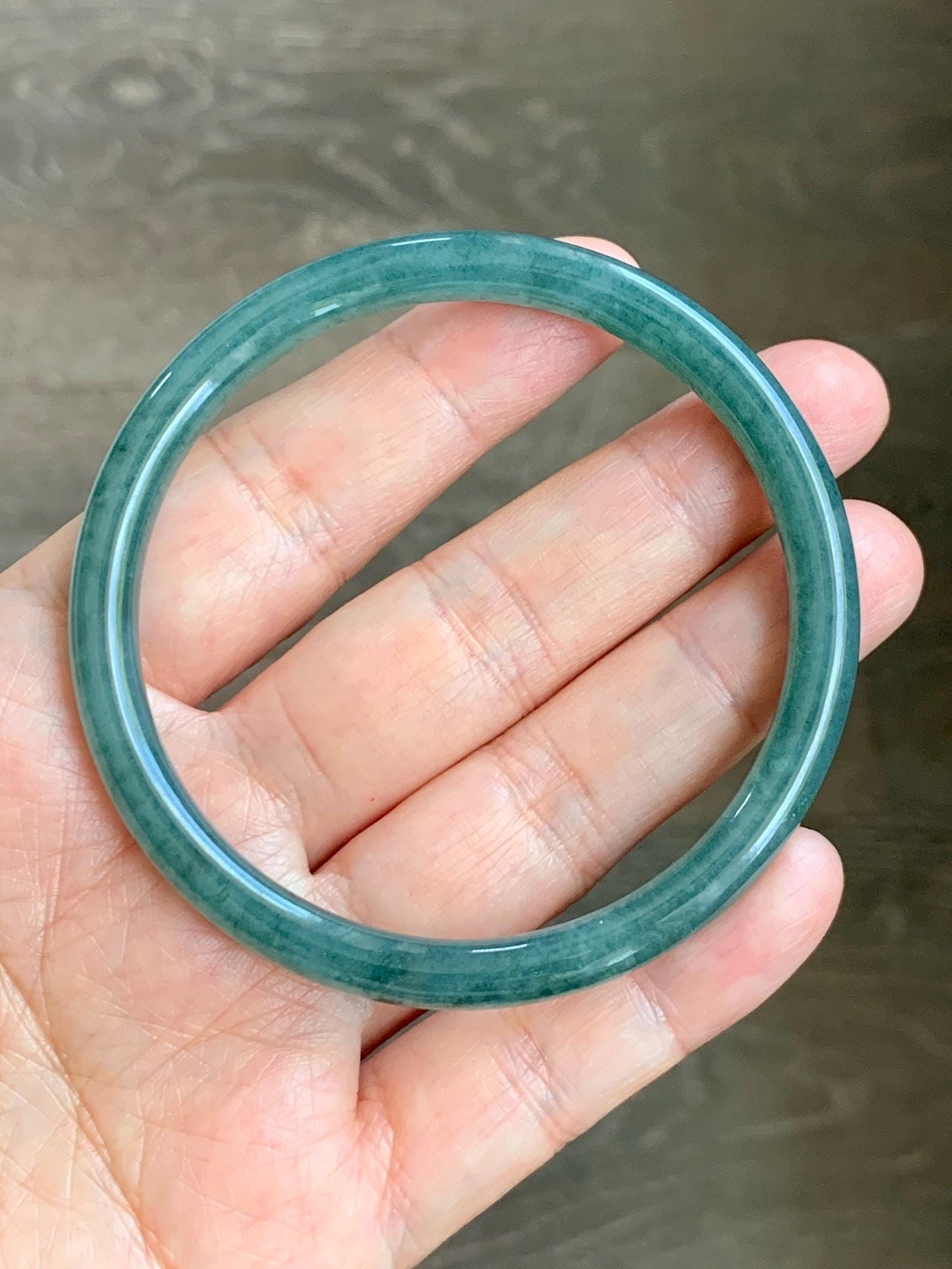 Certified Natural Grade A Guatemalan Icy Translucent Dark Teal Green Jade Jadeite Slim Bangle 58.9mm 7.28” 天然冰胶危深蓝绿翡翠细圆条手镯 492