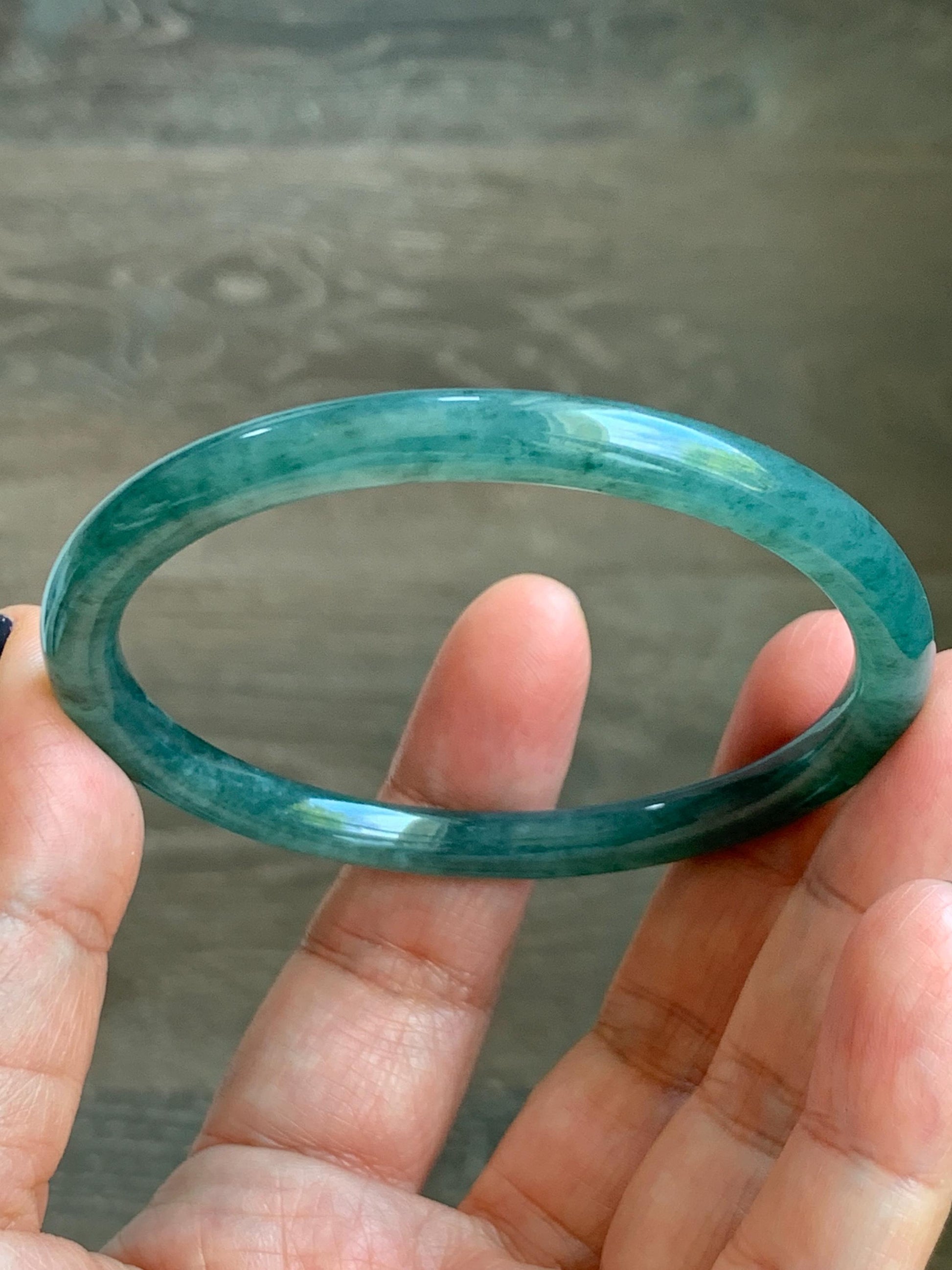 Certified Natural Grade A Guatemalan Icy Translucent Dark Teal Green Jade Jadeite Slim Bangle 58.9mm 7.28” 天然冰胶危深蓝绿翡翠细圆条手镯 492