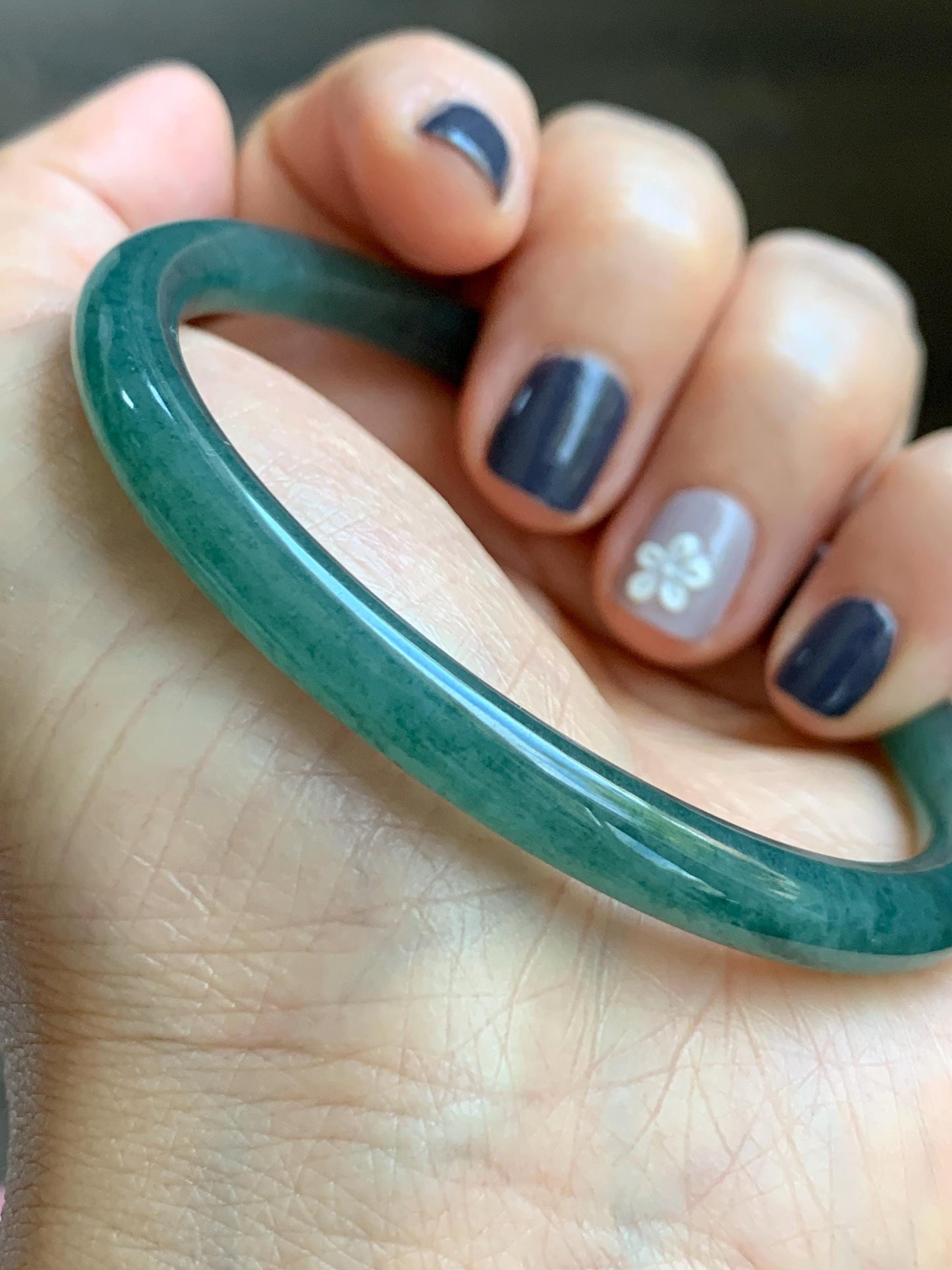 Certified Natural Grade A Guatemalan Icy Translucent Dark Teal Green Jade Jadeite Slim Bangle 58.9mm 7.28” 天然冰胶危深蓝绿翡翠细圆条手镯 492