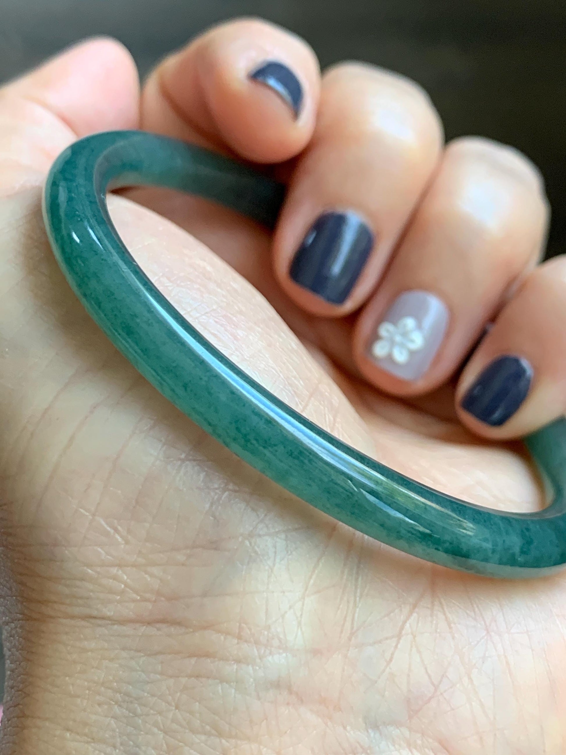 Certified Natural Grade A Guatemalan Icy Translucent Dark Teal Green Jade Jadeite Slim Bangle 58.9mm 7.28” 天然冰胶危深蓝绿翡翠细圆条手镯 492