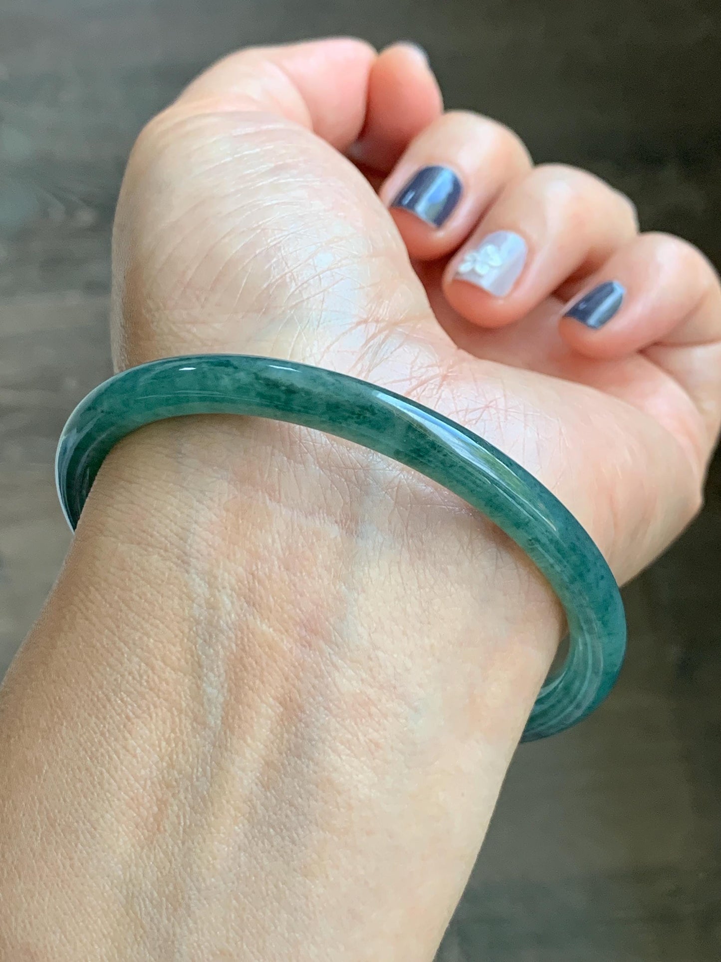 Certified Natural Grade A Guatemalan Icy Translucent Dark Teal Green Jade Jadeite Slim Bangle 58.9mm 7.28” 天然冰胶危深蓝绿翡翠细圆条手镯 492