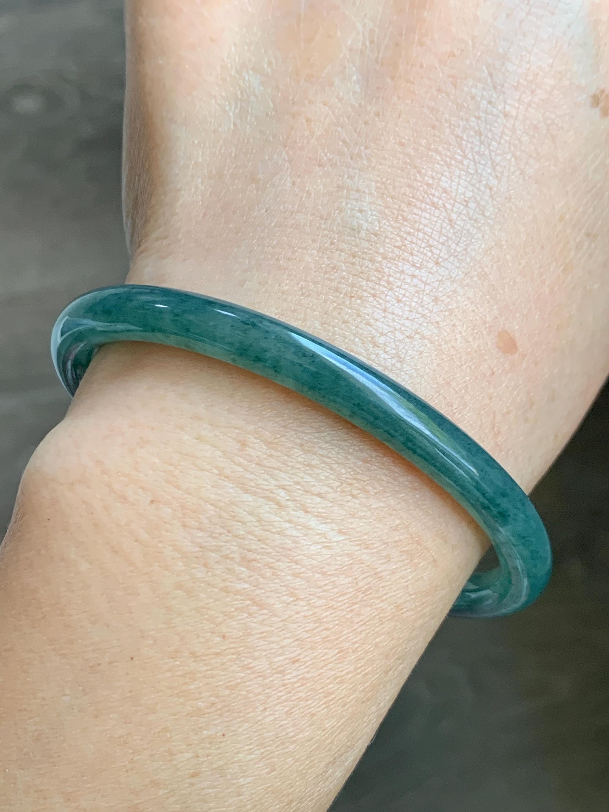 Certified Natural Grade A Guatemalan Icy Translucent Dark Teal Green Jade Jadeite Slim Bangle 58.9mm 7.28” 天然冰胶危深蓝绿翡翠细圆条手镯 492