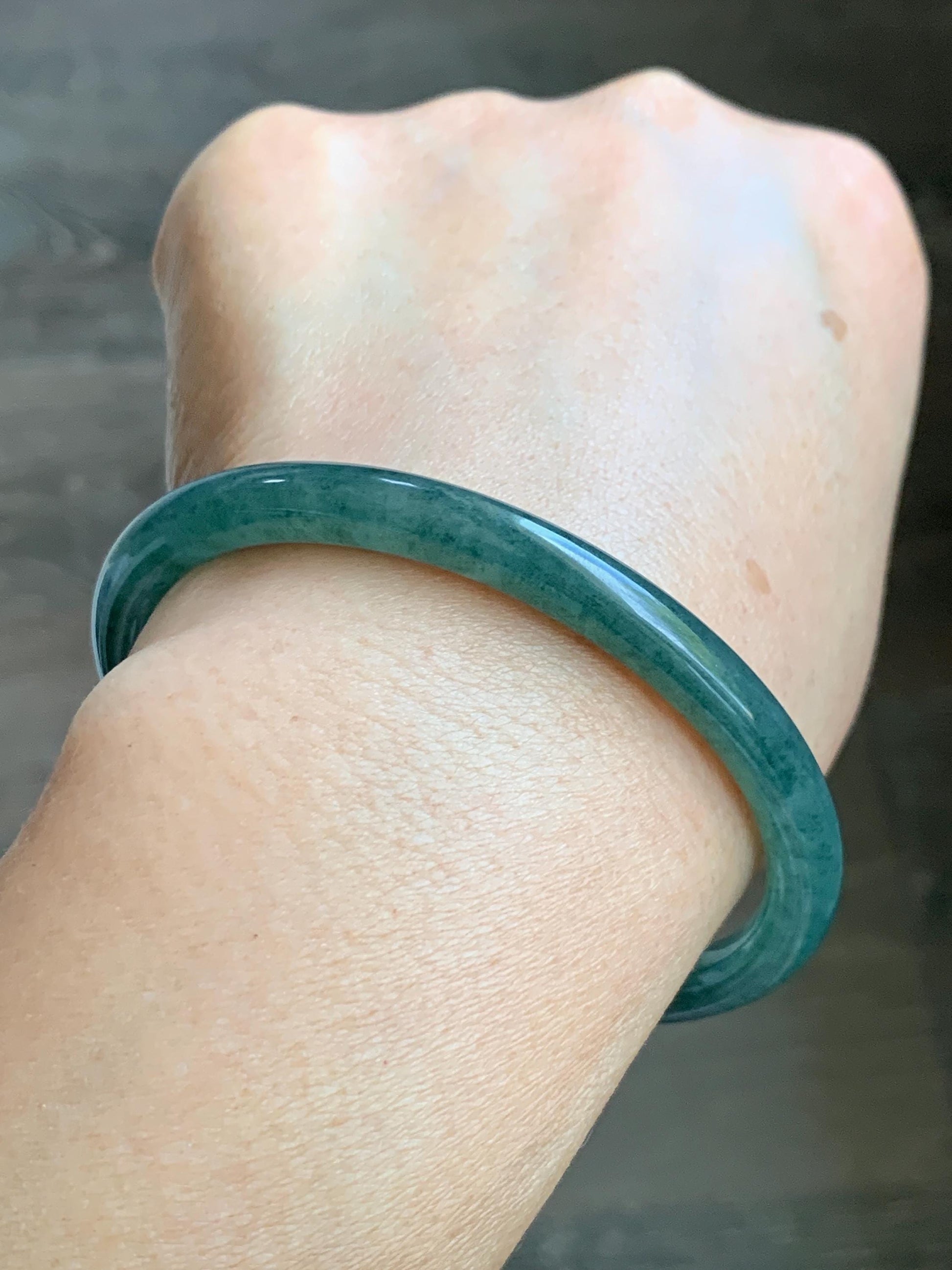 Certified Natural Grade A Guatemalan Icy Translucent Dark Teal Green Jade Jadeite Slim Bangle 58.9mm 7.28” 天然冰胶危深蓝绿翡翠细圆条手镯 492