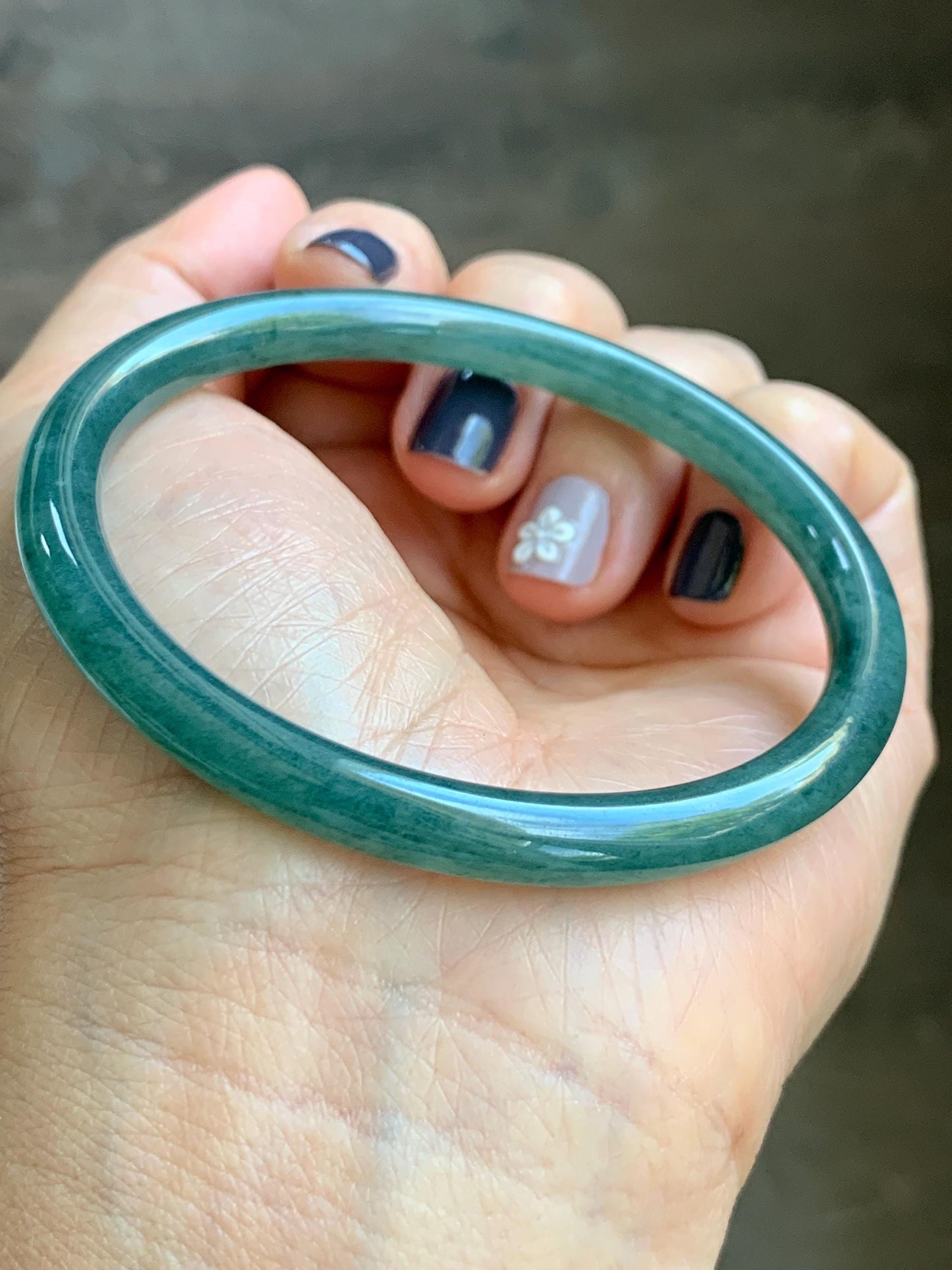 Certified Natural Grade A Guatemalan Icy Translucent Dark Teal Green Jade Jadeite Slim Bangle 58.9mm 7.28” 天然冰胶危深蓝绿翡翠细圆条手镯 492
