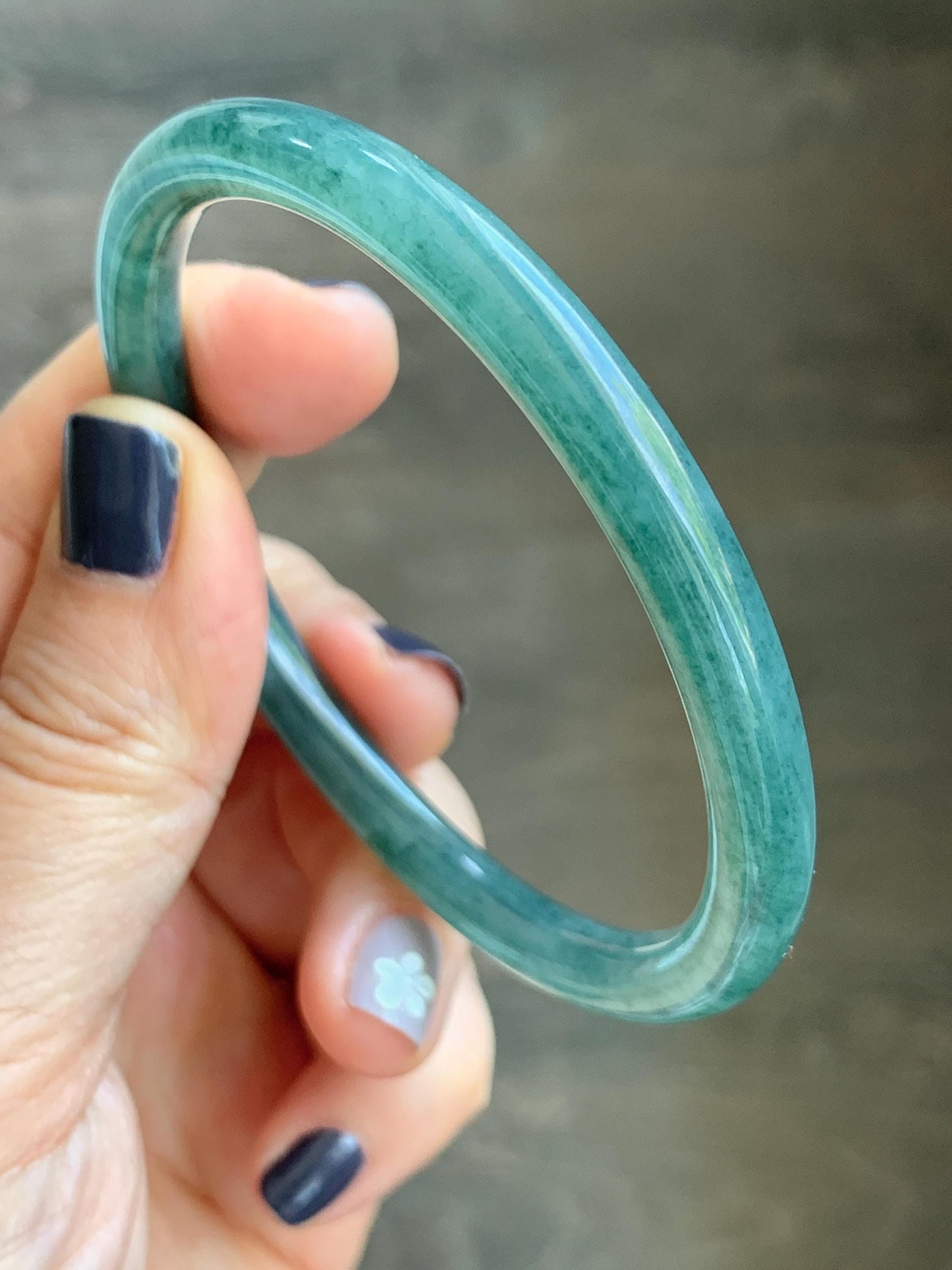 Certified Natural Grade A Guatemalan Icy Translucent Dark Teal Green Jade Jadeite Slim Bangle 58.9mm 7.28” 天然冰胶危深蓝绿翡翠细圆条手镯 492