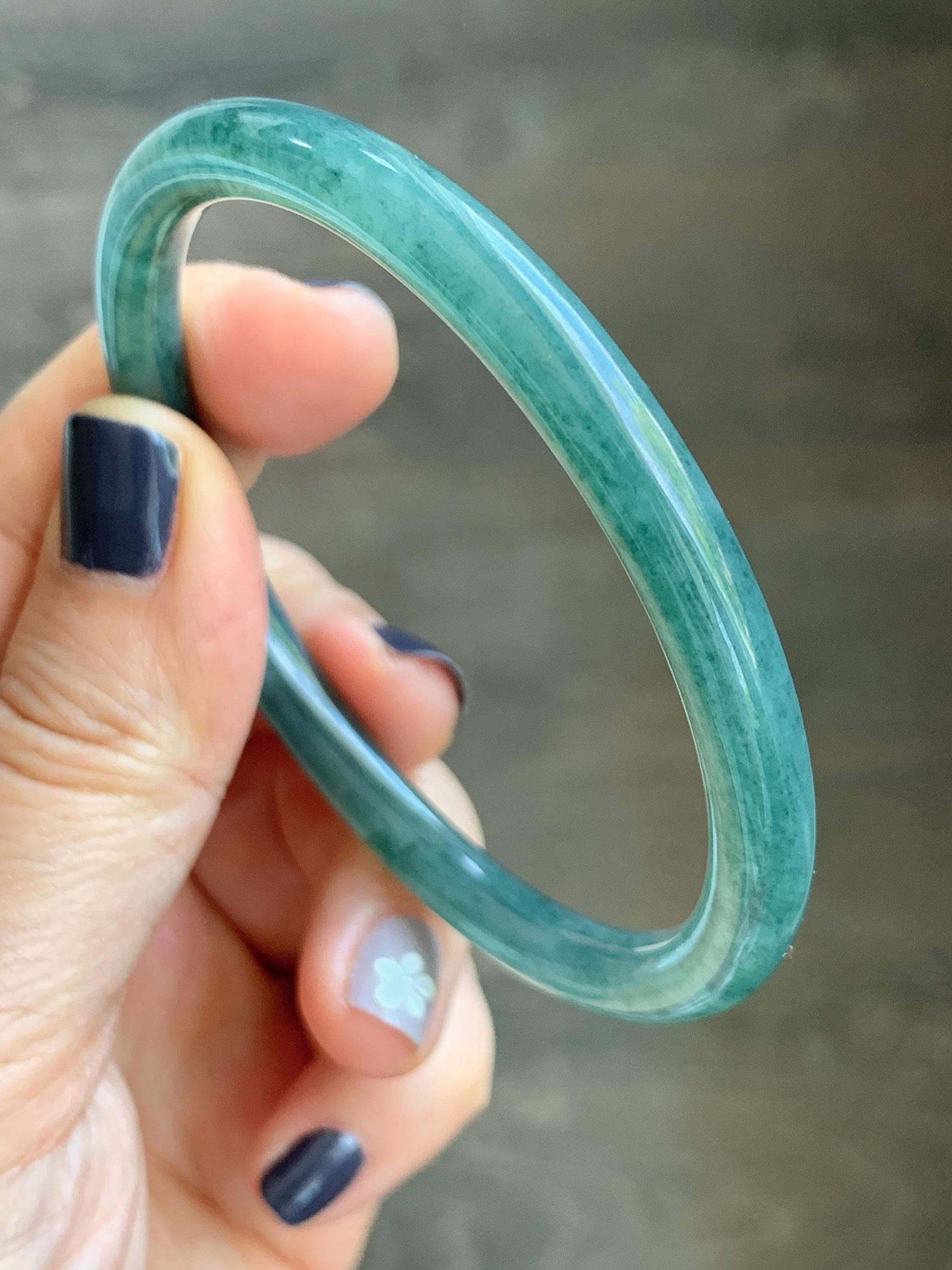 Certified Natural Grade A Guatemalan Icy Translucent Dark Teal Green Jade Jadeite Slim Bangle 58.9mm 7.28” 天然冰胶危深蓝绿翡翠细圆条手镯 492