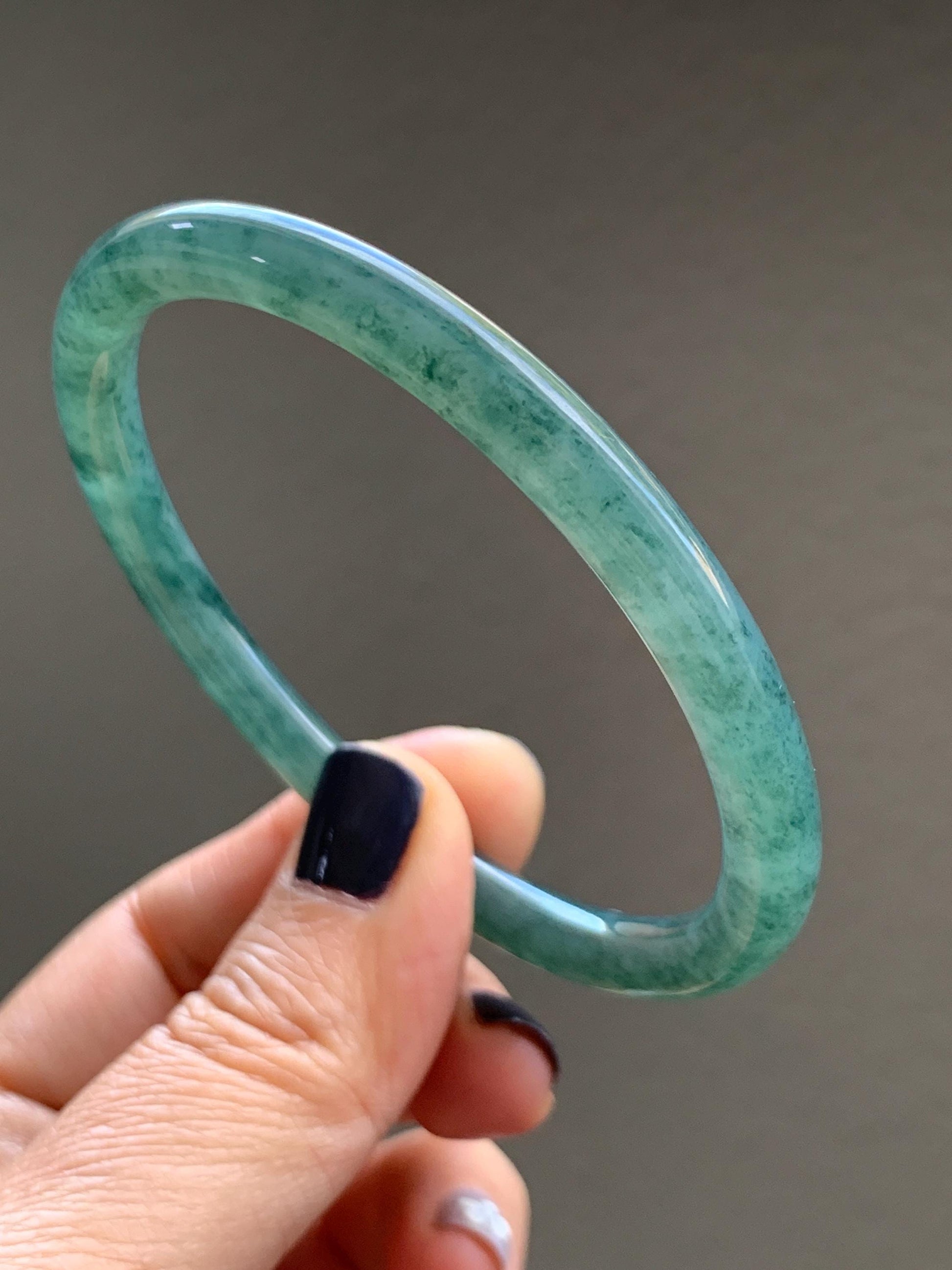 Certified Natural Grade A Guatemalan Icy Translucent Dark Teal Green Jade Jadeite Slim Bangle 58.9mm 7.28” 天然冰胶危深蓝绿翡翠细圆条手镯 492