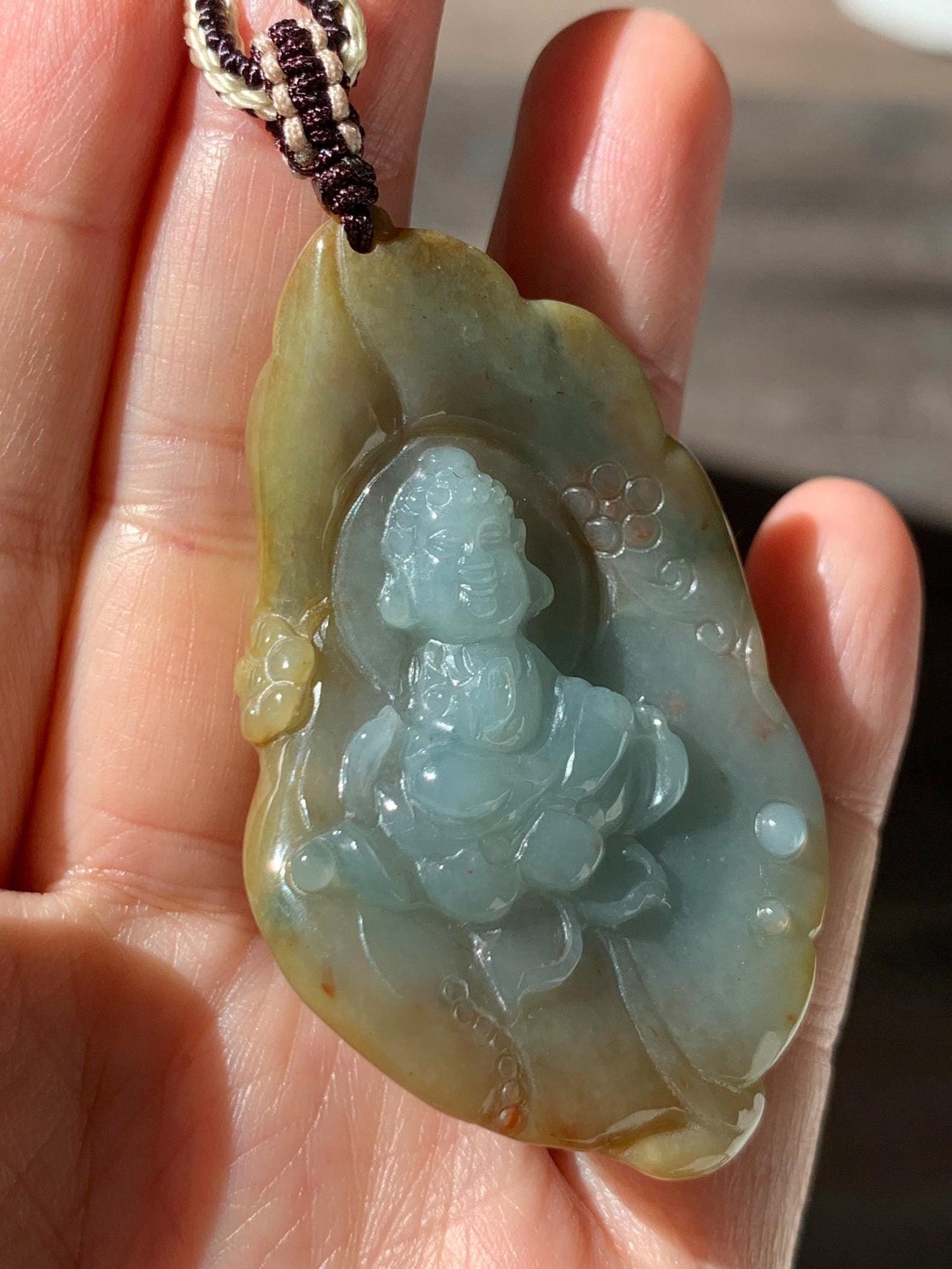Certified Natural Grade A Icy Dusty Blue Brown Red Jade Jadeite w/ Rind Bodhisattva on Lotus Pendant Rope Necklace 天然冰胶蓝黄皮壳翡翠莲花菩萨吊坠 103