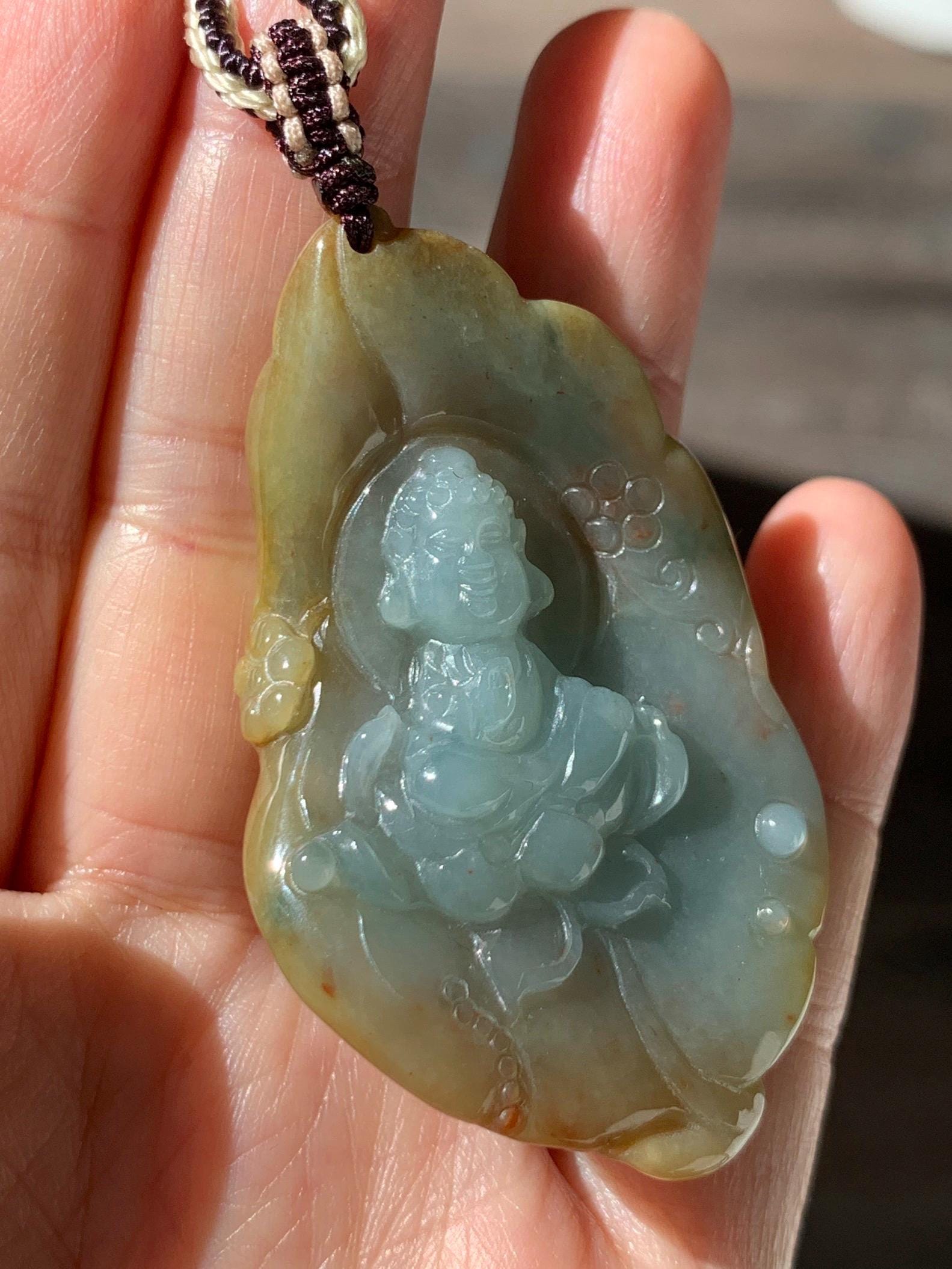 Certified Natural Grade A Icy Dusty Blue Brown Red Jade Jadeite w/ Rind Bodhisattva on Lotus Pendant Rope Necklace 天然冰胶蓝黄皮壳翡翠莲花菩萨吊坠 103
