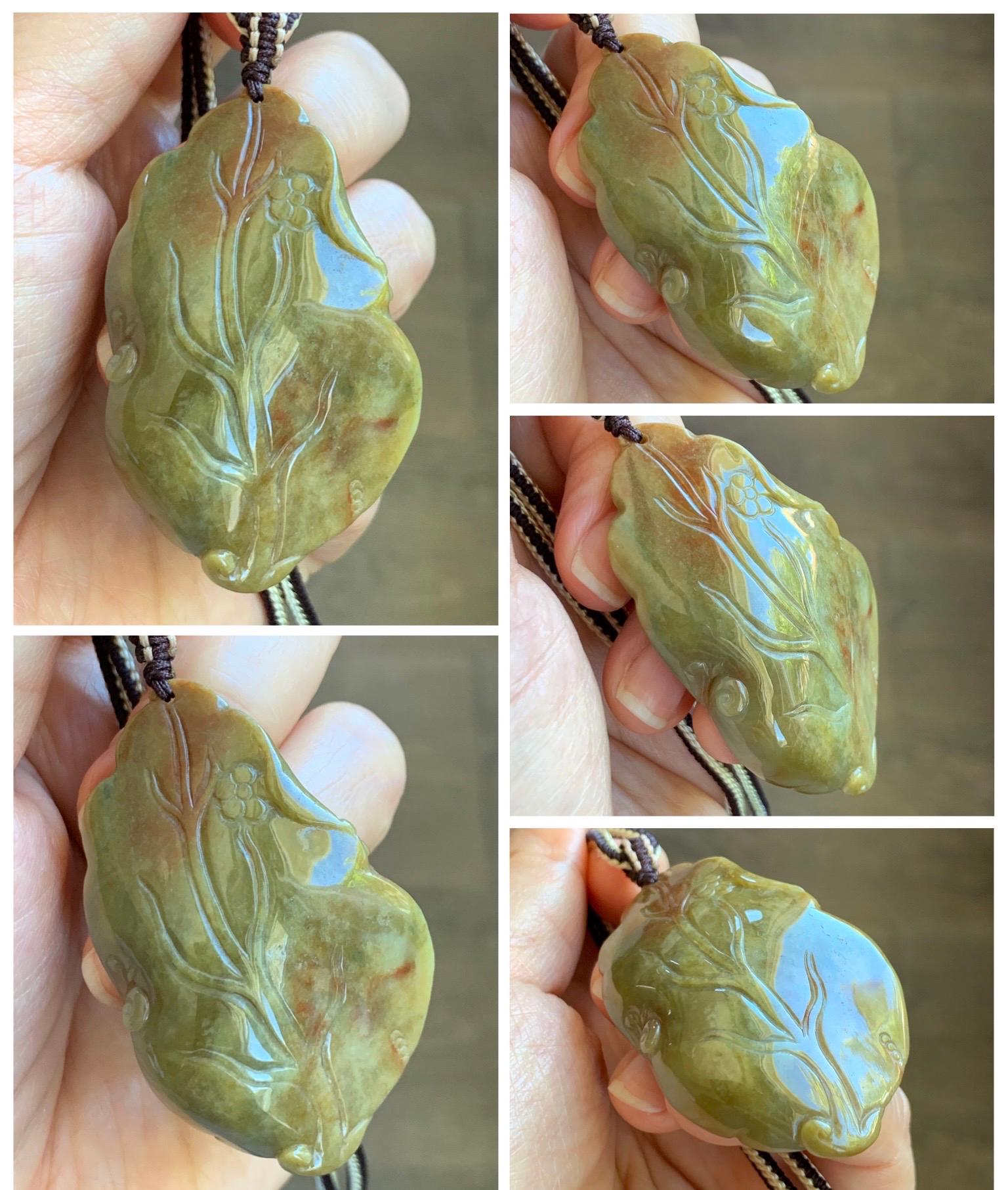 Certified Natural Grade A Icy Dusty Blue Brown Red Jade Jadeite w/ Rind Bodhisattva on Lotus Pendant Rope Necklace 天然冰胶蓝黄皮壳翡翠莲花菩萨吊坠 103