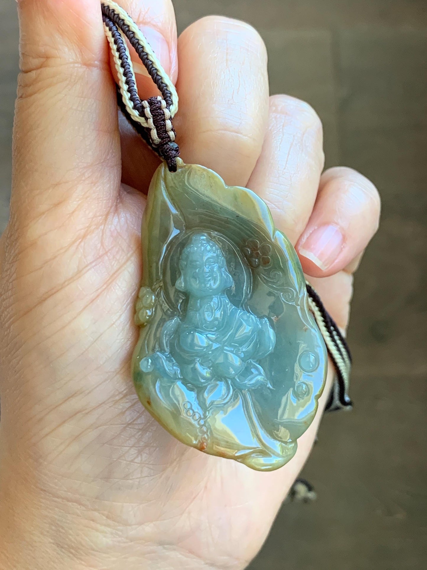 Certified Natural Grade A Icy Dusty Blue Brown Red Jade Jadeite w/ Rind Bodhisattva on Lotus Pendant Rope Necklace 天然冰胶蓝黄皮壳翡翠莲花菩萨吊坠 103