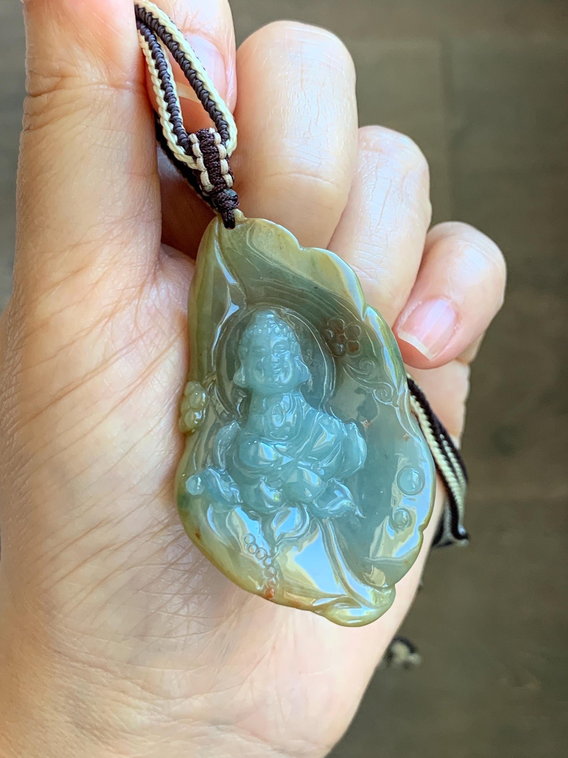 Certified Natural Grade A Icy Dusty Blue Brown Red Jade Jadeite w/ Rind Bodhisattva on Lotus Pendant Rope Necklace 天然冰胶蓝黄皮壳翡翠莲花菩萨吊坠 103