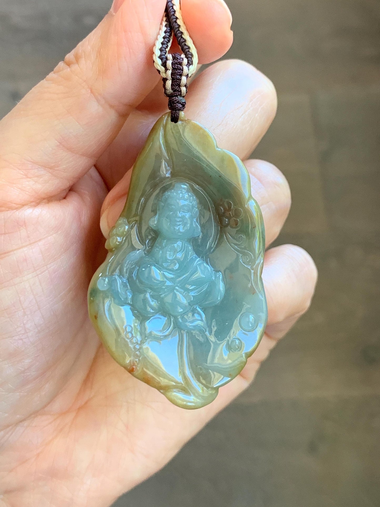 Certified Natural Grade A Icy Dusty Blue Brown Red Jade Jadeite w/ Rind Bodhisattva on Lotus Pendant Rope Necklace 天然冰胶蓝黄皮壳翡翠莲花菩萨吊坠 103