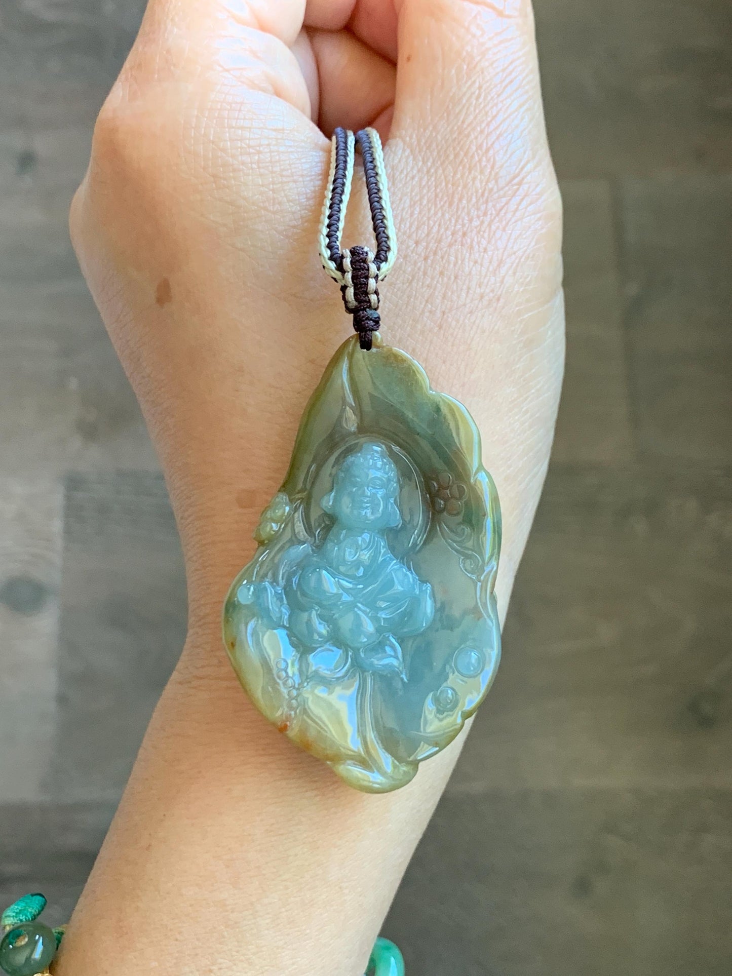 Certified Natural Grade A Icy Dusty Blue Brown Red Jade Jadeite w/ Rind Bodhisattva on Lotus Pendant Rope Necklace 天然冰胶蓝黄皮壳翡翠莲花菩萨吊坠 103