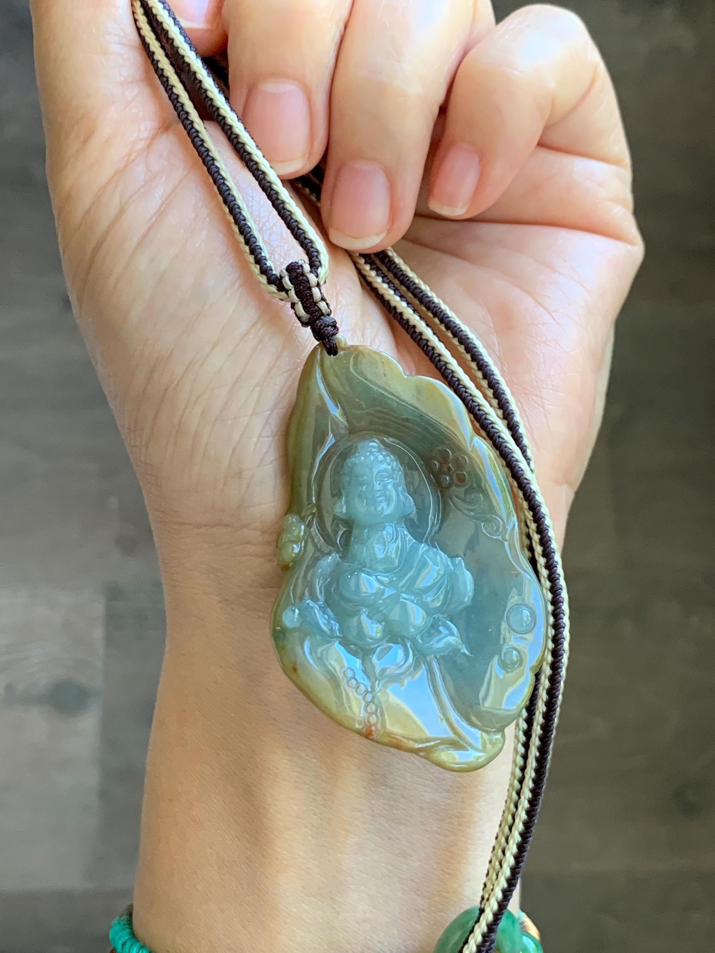 Certified Natural Grade A Icy Dusty Blue Brown Red Jade Jadeite w/ Rind Bodhisattva on Lotus Pendant Rope Necklace 天然冰胶蓝黄皮壳翡翠莲花菩萨吊坠 103