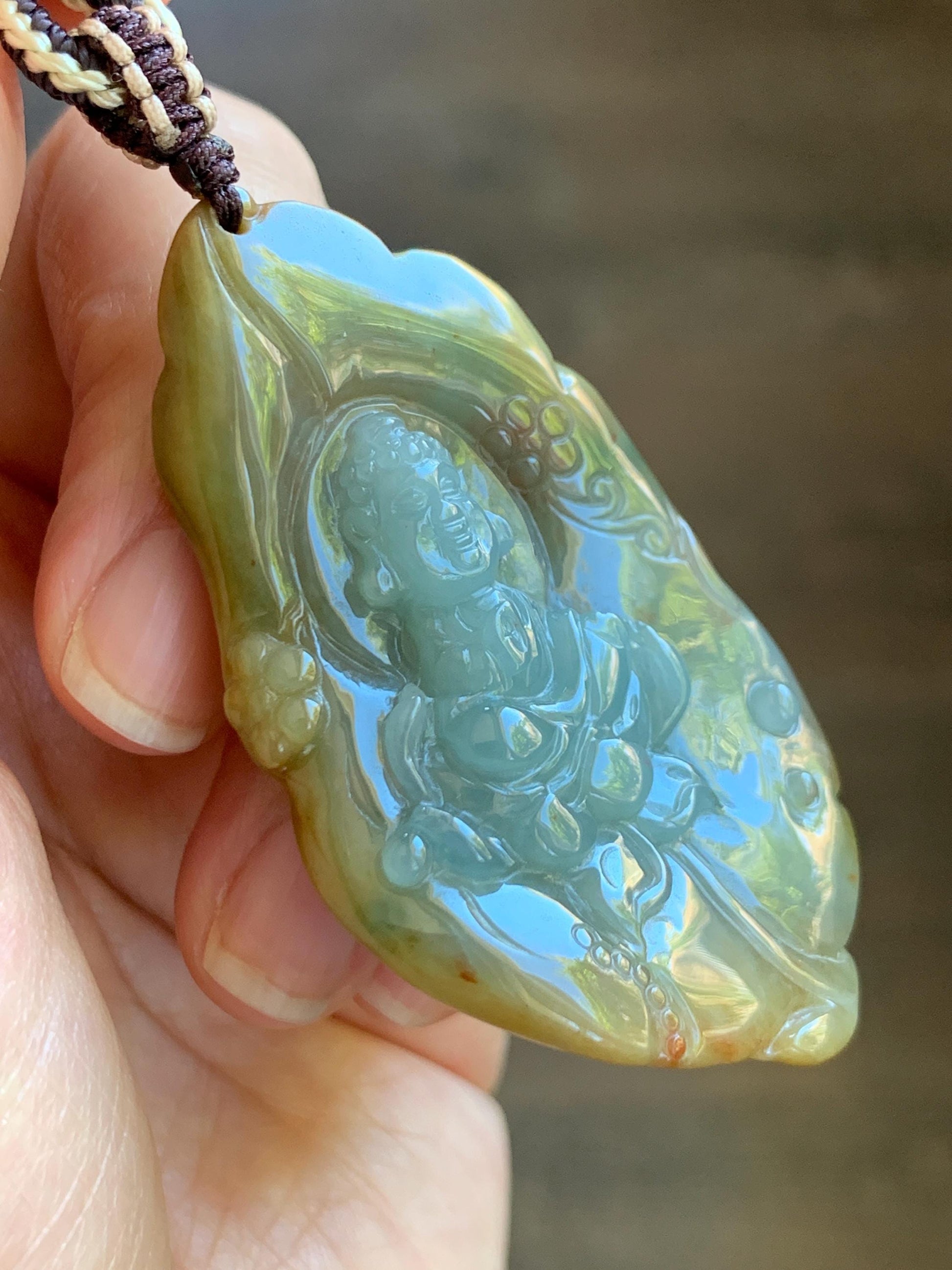 Certified Natural Grade A Icy Dusty Blue Brown Red Jade Jadeite w/ Rind Bodhisattva on Lotus Pendant Rope Necklace 天然冰胶蓝黄皮壳翡翠莲花菩萨吊坠 103