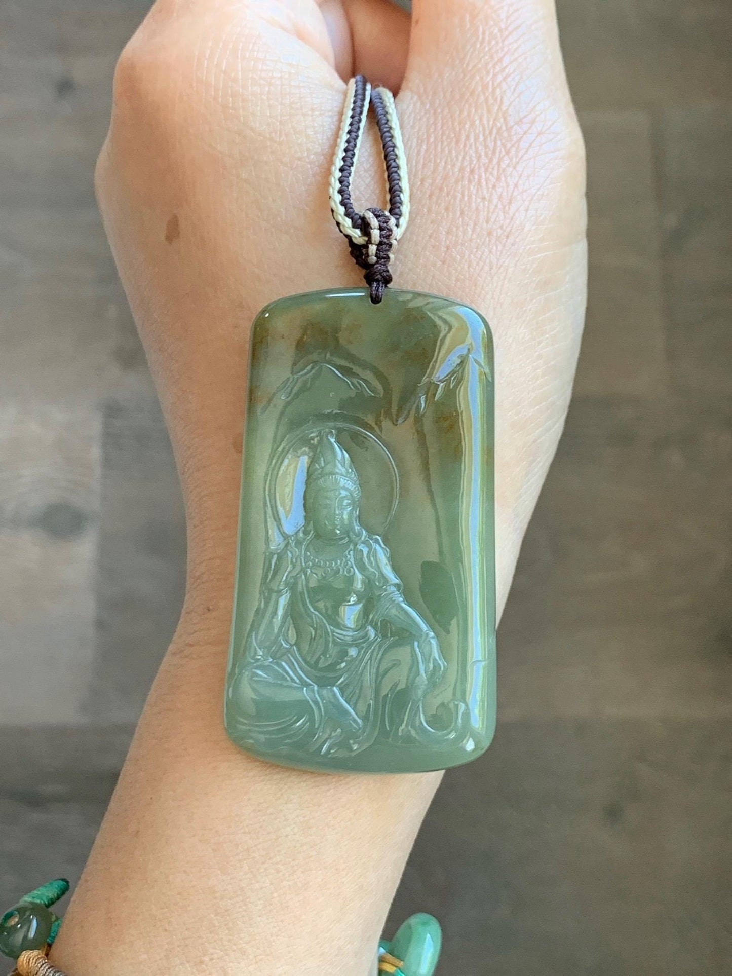 Certified Natural Grade A Icy Translucent Dusty Green Red Marbled Jade Jadeite Bodhisattva Pendant Rope Necklace 天然冰暗绿飘红翡翠山水菩萨吊坠 102