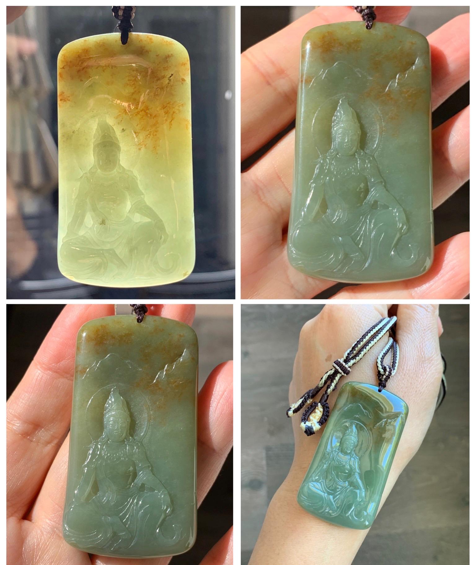 Certified Natural Grade A Icy Translucent Dusty Green Red Marbled Jade Jadeite Bodhisattva Pendant Rope Necklace 天然冰暗绿飘红翡翠山水菩萨吊坠 102