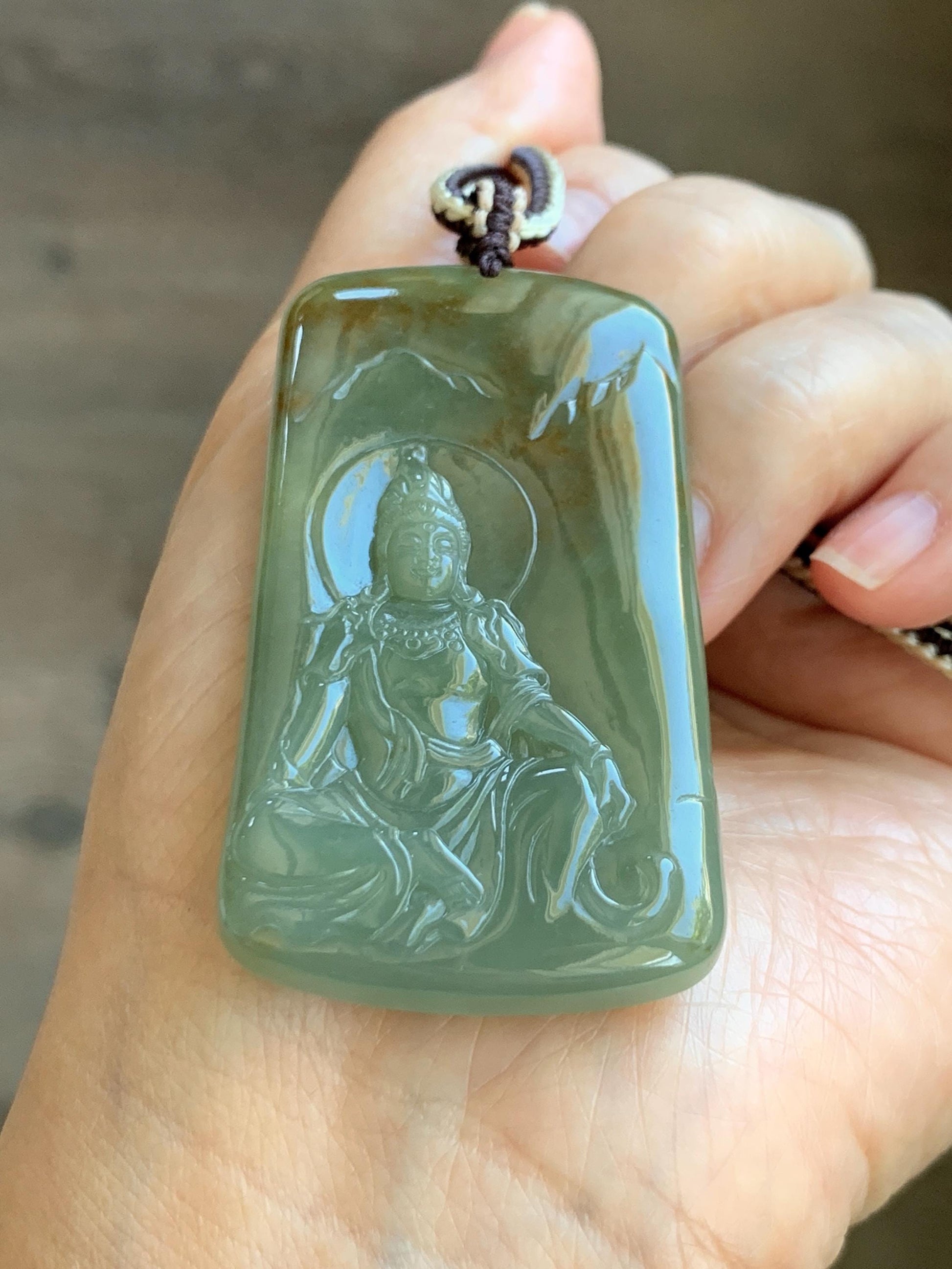 Certified Natural Grade A Icy Translucent Dusty Green Red Marbled Jade Jadeite Bodhisattva Pendant Rope Necklace 天然冰暗绿飘红翡翠山水菩萨吊坠 102