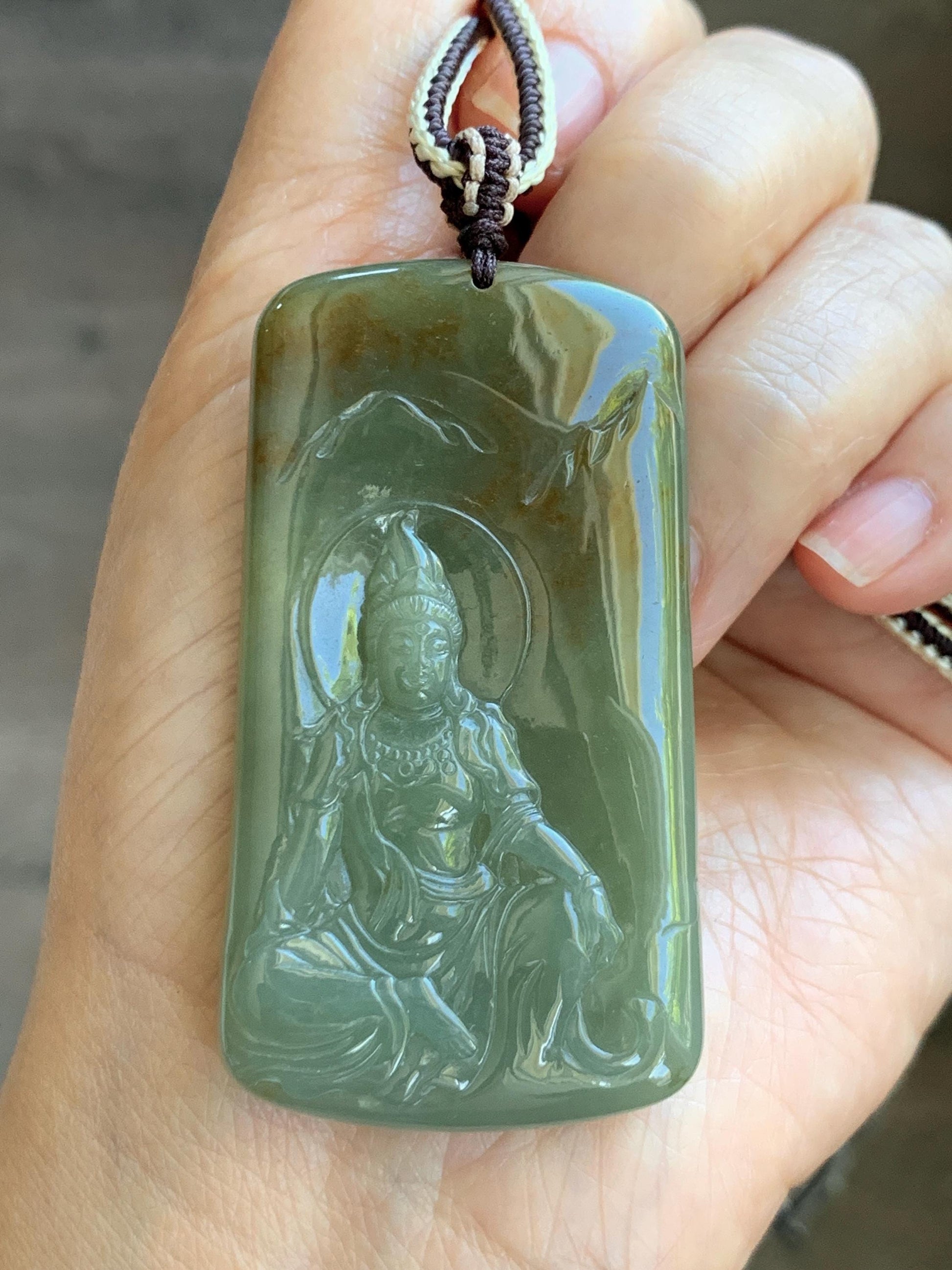 Certified Natural Grade A Icy Translucent Dusty Green Red Marbled Jade Jadeite Bodhisattva Pendant Rope Necklace 天然冰暗绿飘红翡翠山水菩萨吊坠 102