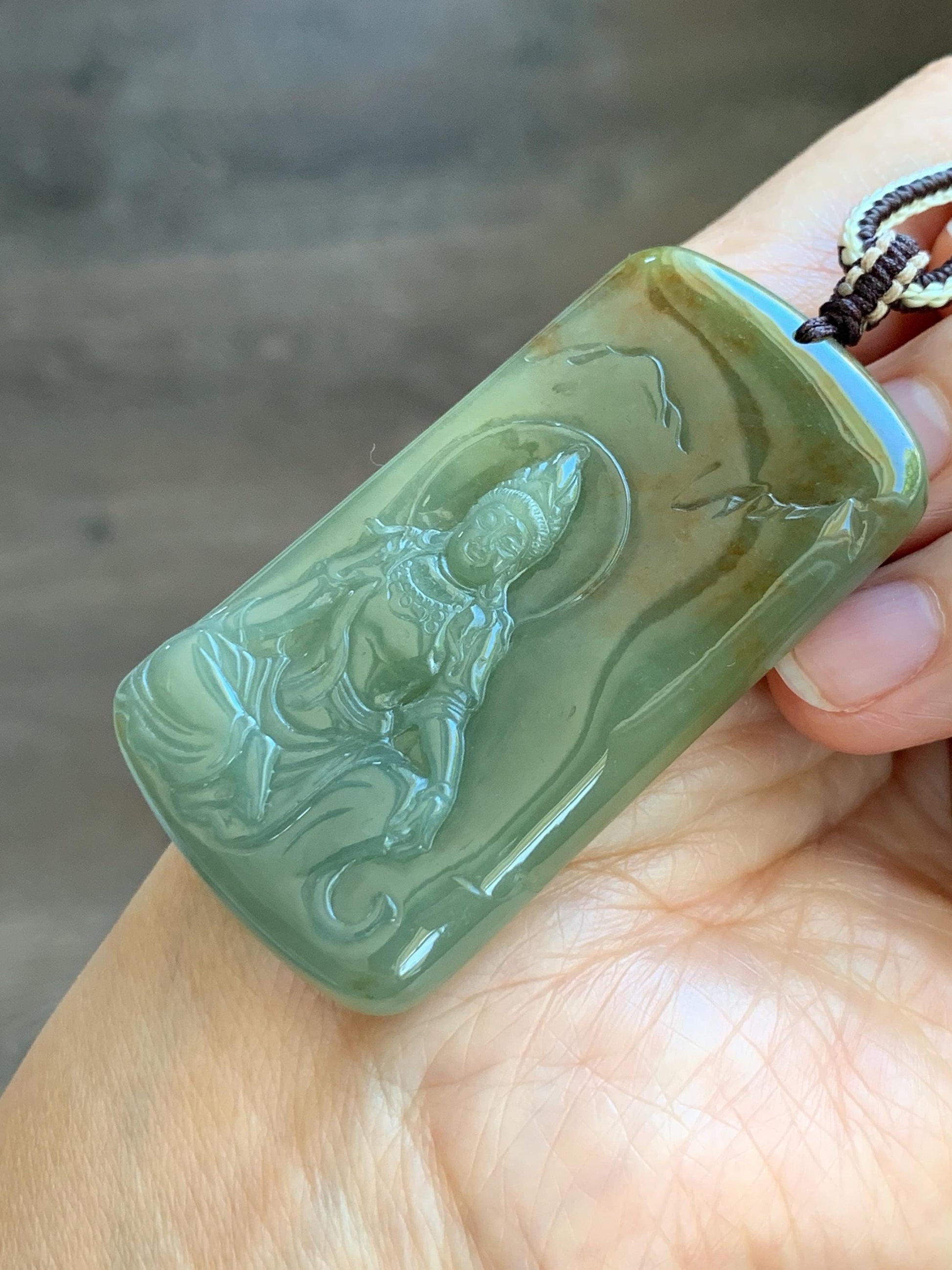 Certified Natural Grade A Icy Translucent Dusty Green Red Marbled Jade Jadeite Bodhisattva Pendant Rope Necklace 天然冰暗绿飘红翡翠山水菩萨吊坠 102