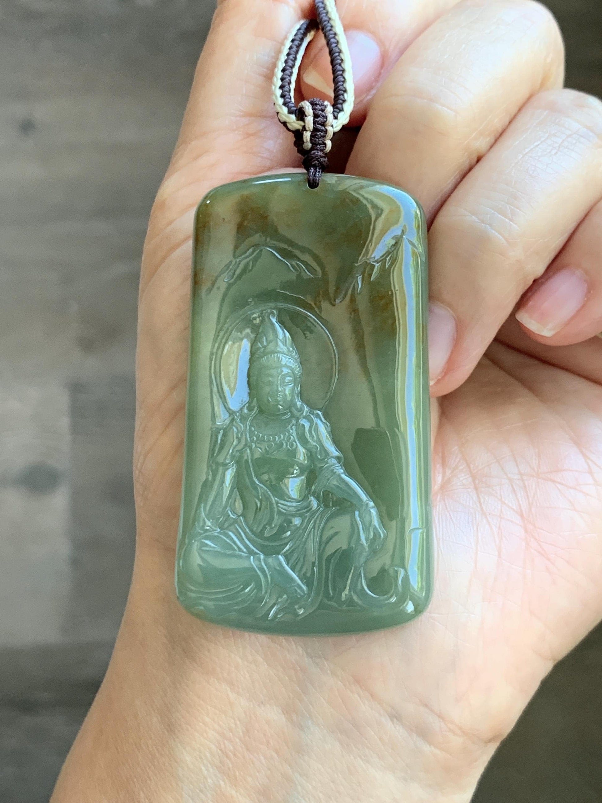 Certified Natural Grade A Icy Translucent Dusty Green Red Marbled Jade Jadeite Bodhisattva Pendant Rope Necklace 天然冰暗绿飘红翡翠山水菩萨吊坠 102