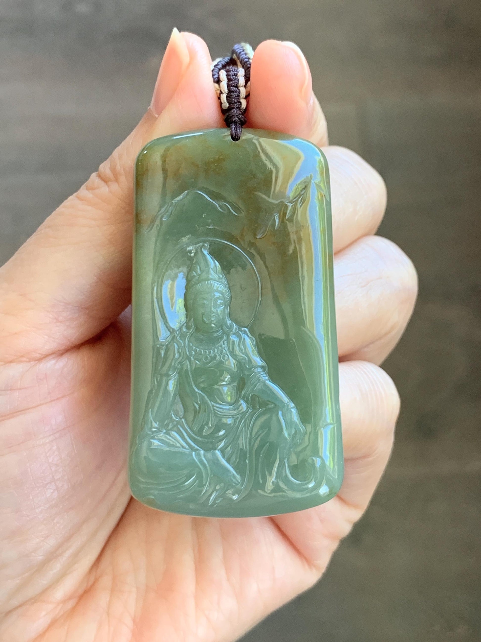 Certified Natural Grade A Icy Translucent Dusty Green Red Marbled Jade Jadeite Bodhisattva Pendant Rope Necklace 天然冰暗绿飘红翡翠山水菩萨吊坠 102