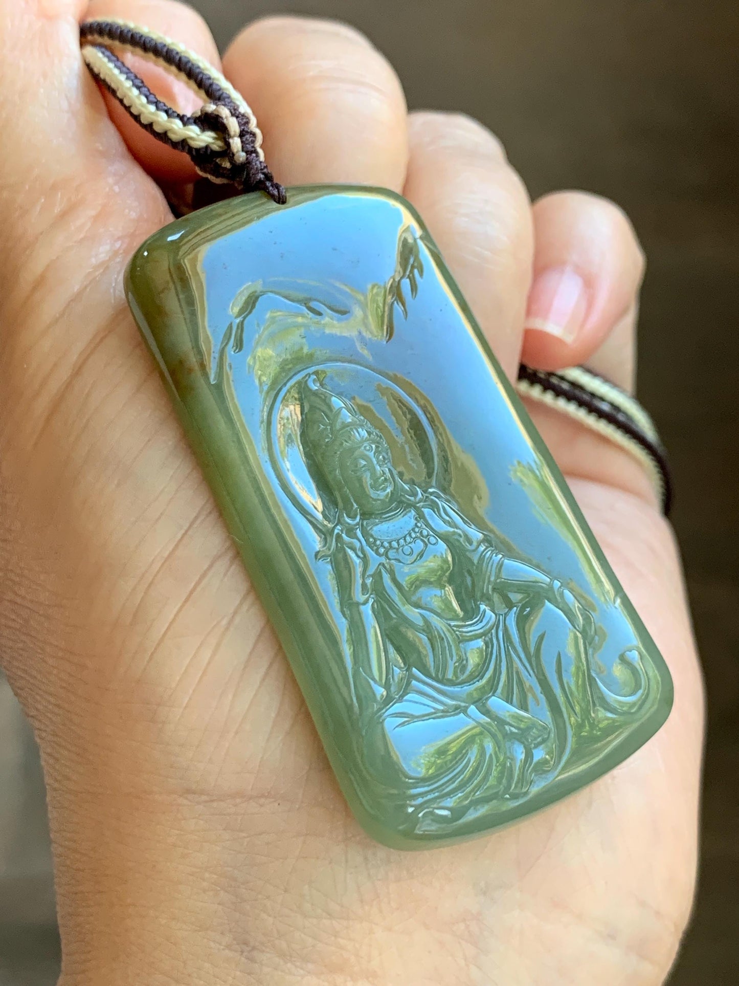Certified Natural Grade A Icy Translucent Dusty Green Red Marbled Jade Jadeite Bodhisattva Pendant Rope Necklace 天然冰暗绿飘红翡翠山水菩萨吊坠 102