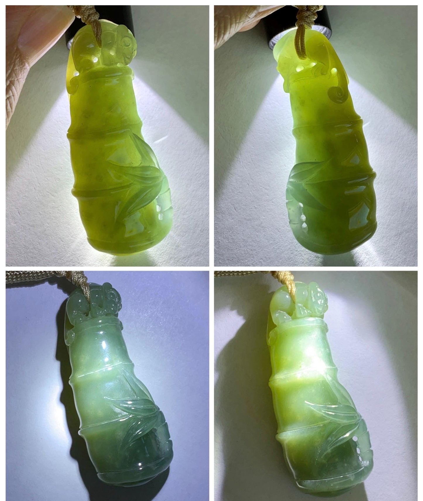 Natural Grade A Guatemalan Icy Translucent Dusty Blue Yellow Bicolored Jade Jadeite Bamboo Pixiu Pendant Rope Necklace 天然冰危黄蓝翡翠竹节貔貅吊坠 WZP110